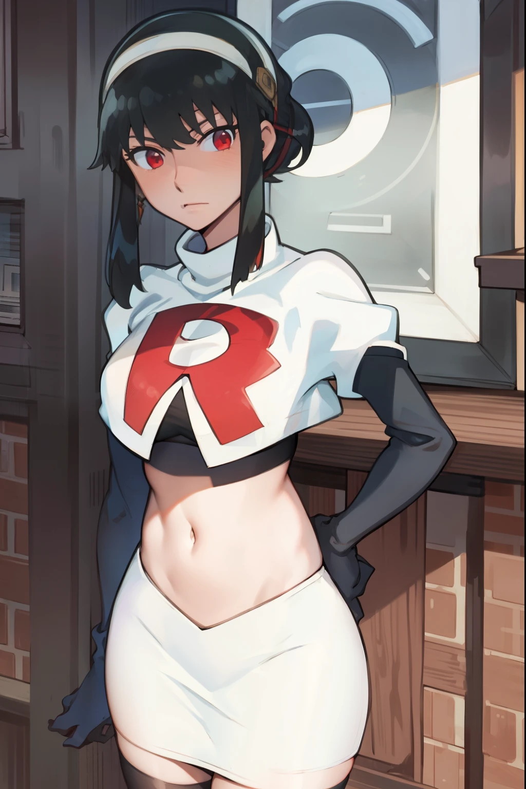 (masterpiece, best quality, ultra-detailed), rachelroth, short purple hair, purple eyes, (grey skin),team rocket,team rocket uniform, red letter R, white skirt,white crop top,black thigh-highs,black elbow gloves, large breasts, nsfw, slutty, medium shot, upper body focus, white skirt, shirtlift, nipples, exposed tits, nsfw, upper body focus