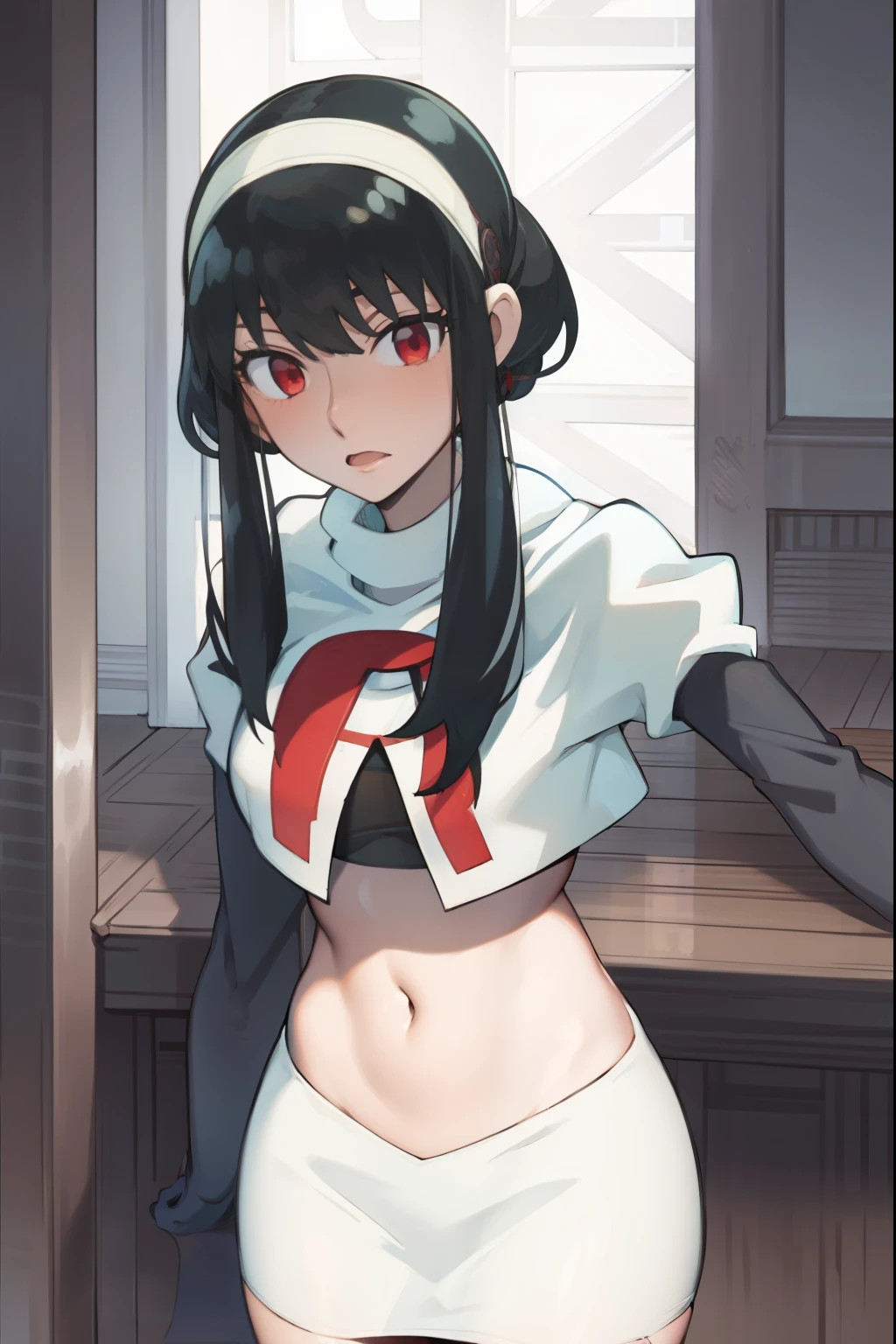 yor, 1girl, black hair, red eyes, black hair, short hair, short hair with long locks, bangs, sidelocks, white hairband,team rocket,team rocket uniform, red letter R, white skirt,white crop top,black thigh-highs,black elbow gloves