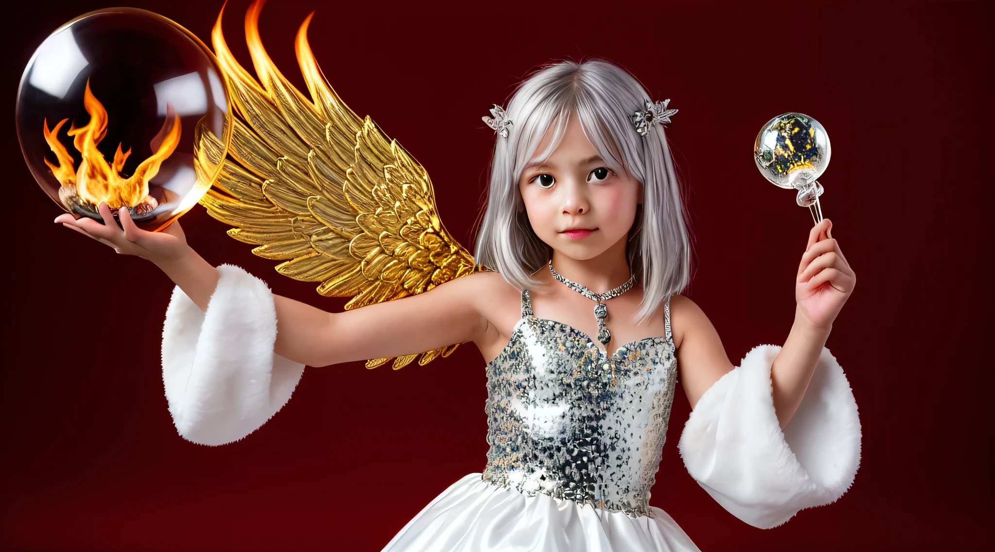 SILVER HAIR KIDS GOLDEN ANGEL GIRL with a flaming crystal ball in her hand. fundo vermelho
