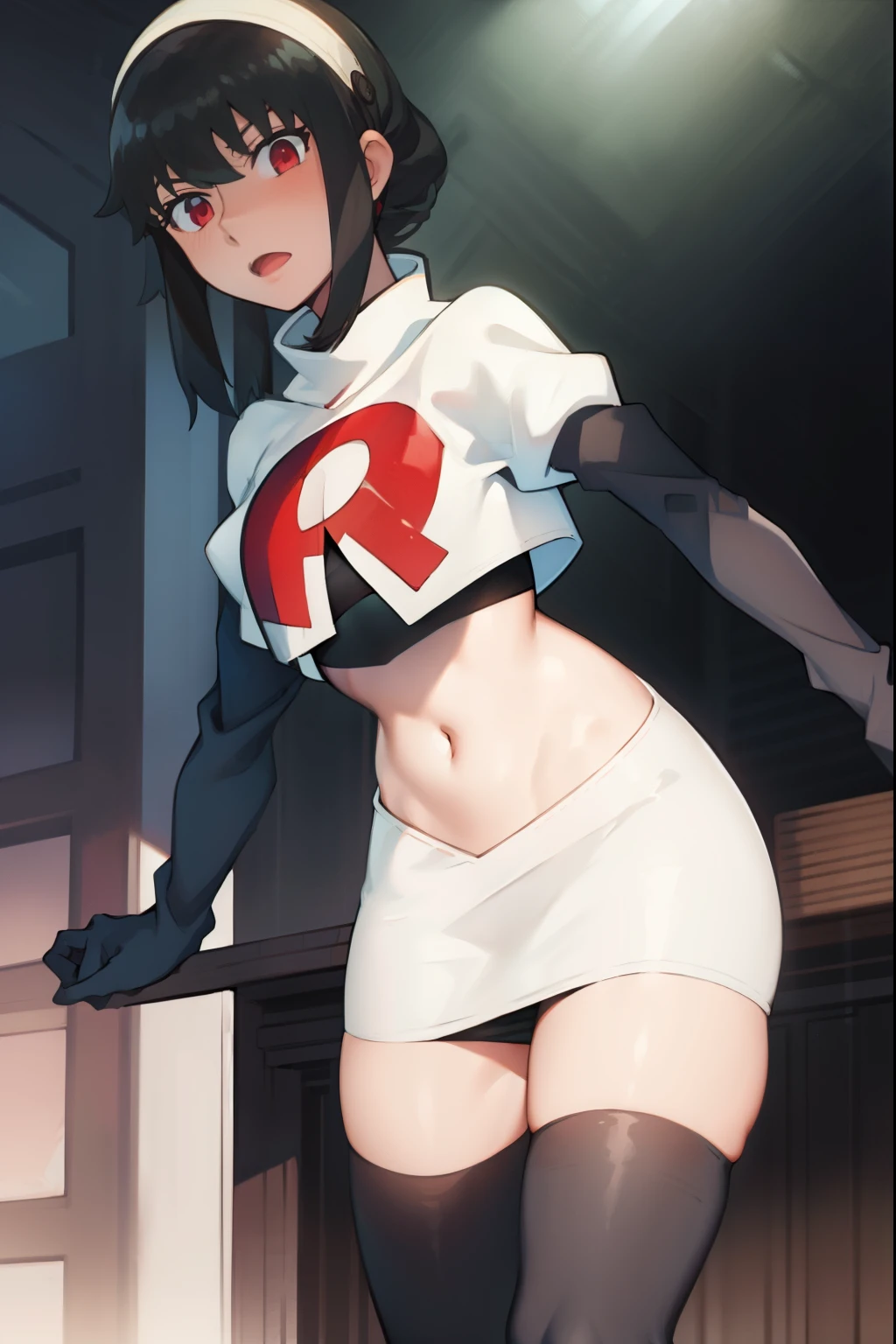 yor, 1girl, black hair, red eyes, black hair, short hair, short hair with long locks, bangs, sidelocks, white hairband,team rocket,team rocket uniform, red letter R, white skirt,white crop top,black thigh-highs,black elbow gloves