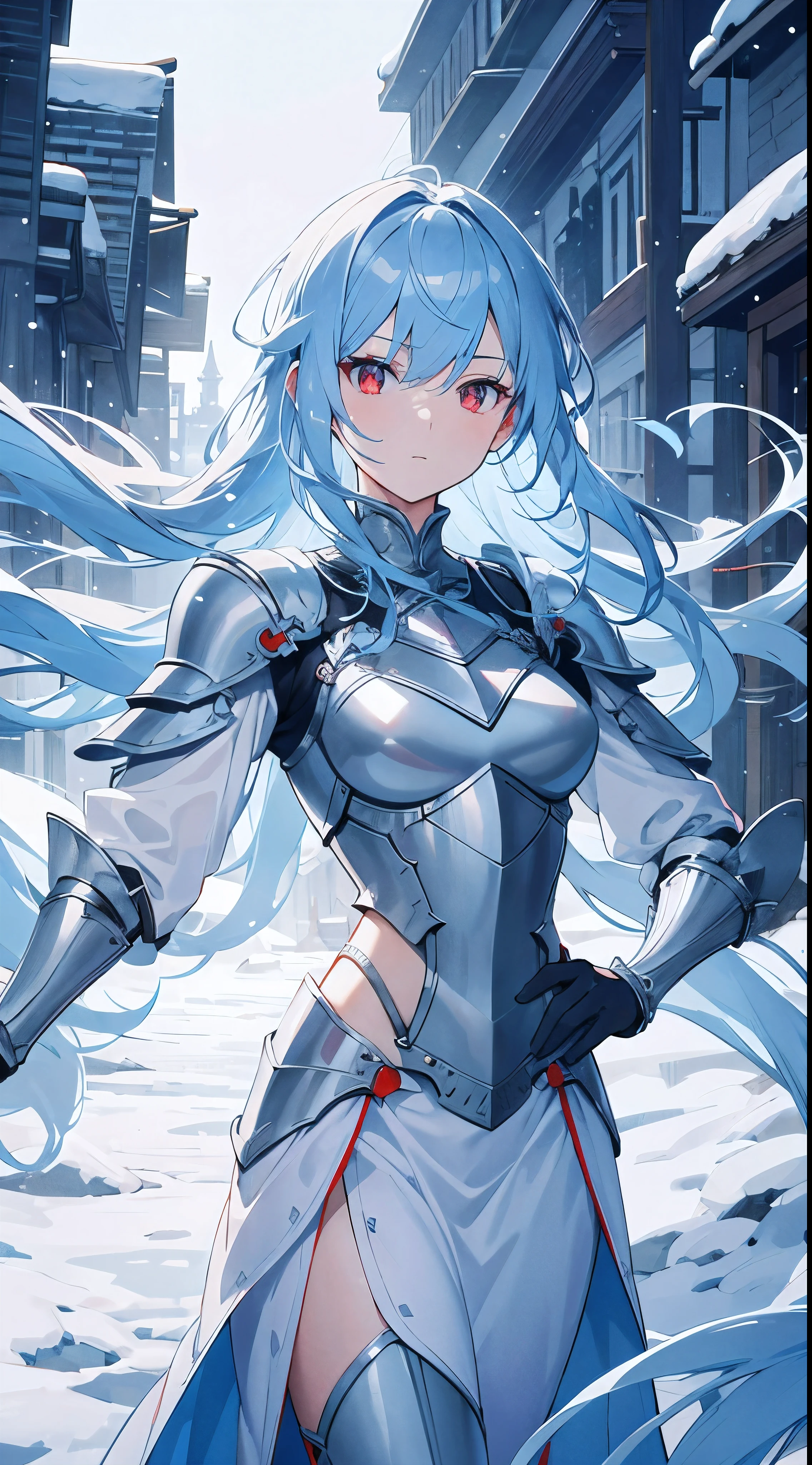 [[[ ultra-detailed, best quality, soft skin, beautiful, 4K]]], light blue hair, red eyes, long hair, tied-up hair, medium hair, full royal plated armor, slim body, dynamic angle, snowy village, princess, defiant.