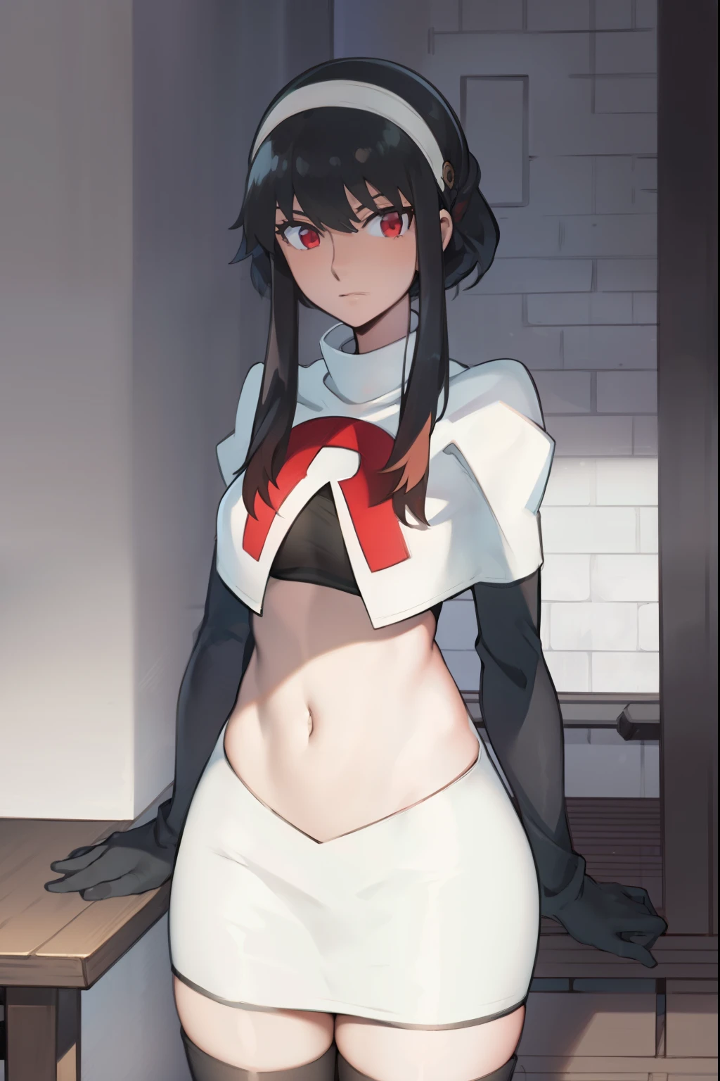 yor, 1girl, black hair, red eyes, black hair, short hair, short hair with long locks, bangs, sidelocks, white hairband,team rocket,team rocket uniform, red letter R, white skirt,white crop top,black thigh-highs,black elbow gloves