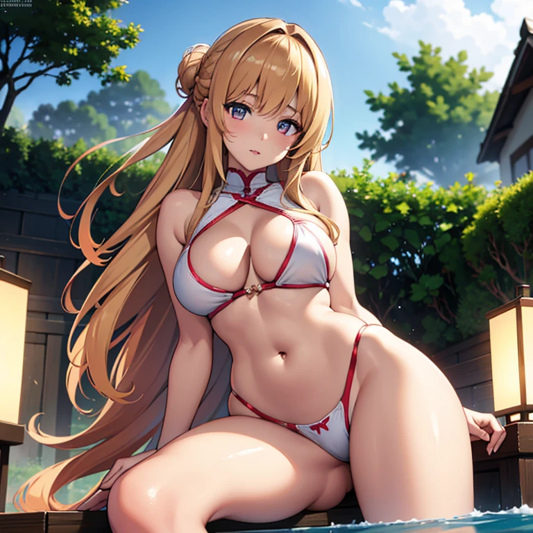 (Cute: 1), (Nogizaka girl: 1), (Cute girl: 1), (Beautiful girl: 1), (Perfect idol: 1), (Fair skin: 1), (Perfect body: 1), (Athlete: 1), (Nude: 1), (Curvy: 1), (Model: 1), (Big Breasts: 1), (Kiss: 1), (Gaze: 1.3), (Ultra High Resolution: 1.2) , (Best Quality: 1.2), (Masterpiece: 1.2), (Realistic: 1.2), (Photorealistic: 1.2), (Professional Lighting: 1), (Professional Photo: 1.1), (Perfect Anatomy: 1 ), (sharp focus: 1), (very detailed: 1.1), (complicated details: 1), (super detailed: 1), (RAW photo: 1), (8k: 1), (4k: 1) , (Blurred background) :1), (Bikini:1), (Swimsuit:1)
break
(Highly detailed eyes, face, skin: 1.3)
break
Her hair is styled in a traditional Japanese updo and adorned with delicate hairpins.
The girl is sitting by the pool and she looks relaxed and content as she enjoys the cool evening air. Her hands are resting on her knees. She has her legs spread, with her genital folds clearly visible.
The scenery on a summer night exudes tranquility.
break