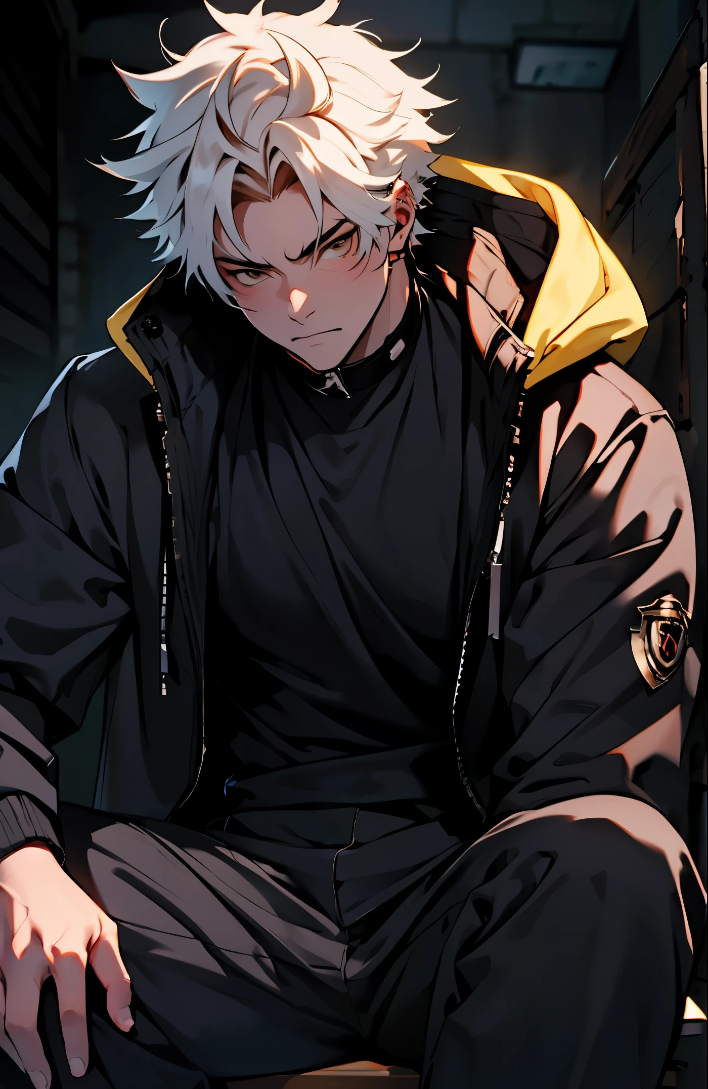 A mais alta qualidade, 8K, image high resolution, estilo anime Jujutsu Kaisen , Detailed strokes, fundo desfocado, natural lightting, (angulo de perto), 1 homem, jovem, masculo, modelo, desfilando em uma passarela com pessoas assistindo o desfile , musculoso, cabelo vermelho, wearing a cold jacket , pants marking the crotch, olhos marcantes, with the shirt, swollen chest