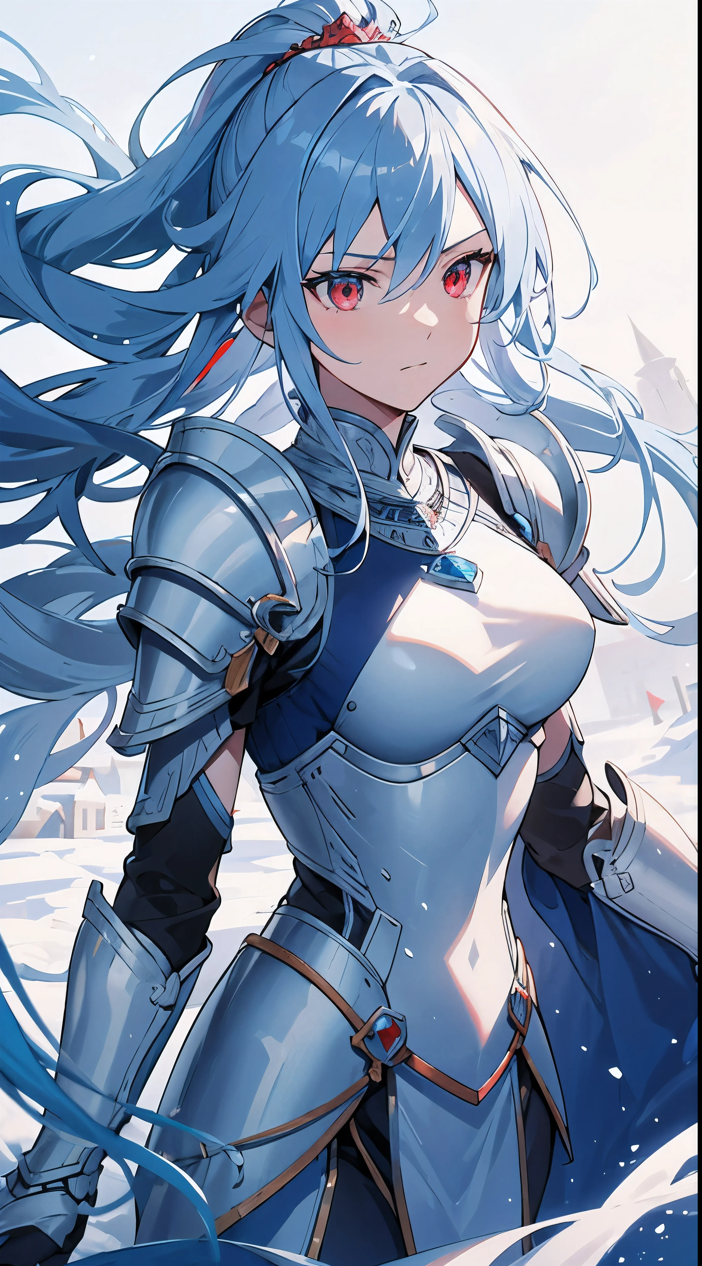 [[[ ultra-detailed, best quality, soft skin, beautiful, 4K]]], light blue hair, red eyes, long hair, tied-up hair, medium hair, full royal plated armor, slim body, dynamic angle, snowy village, princess, defiant.
