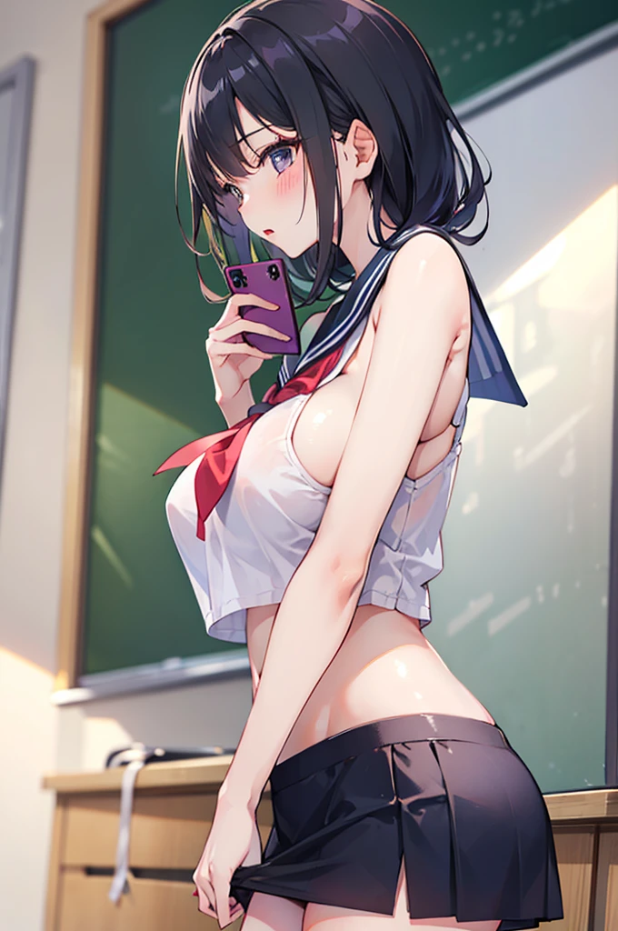 Perfect human body，1 woman，Mature woman， (very highly detailed background，‎Classroom), 鎖骨，Sleeveless sailor suit，Loose neckline，Low-rise miniskirt，((woman with fever)), ((perspired))), Colossal tits，Indecent expressionlush blush:1.2),Pubic hair shows through，Next to him stood a man，Man taking photo of girl，，