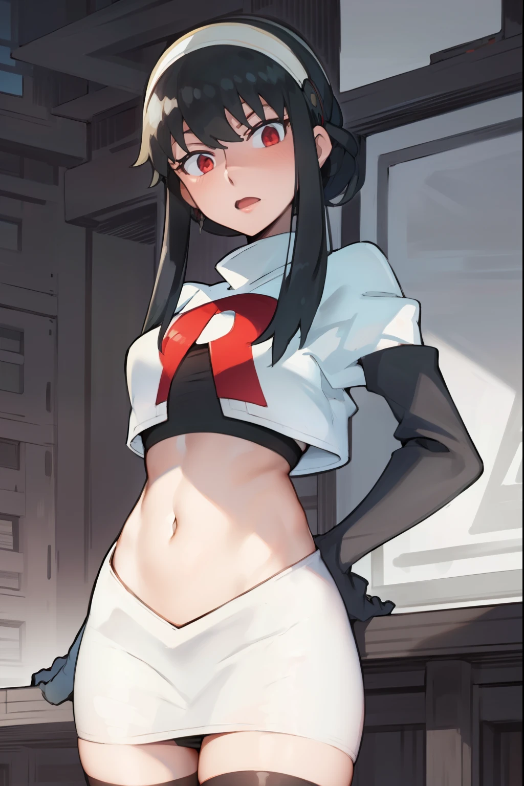 yor, 1girl, black hair, red eyes, black hair, short hair, short hair with long locks, bangs, sidelocks, white hairband,team rocket,team rocket uniform, red letter R, white skirt,white crop top,black thigh-highs,black elbow gloves