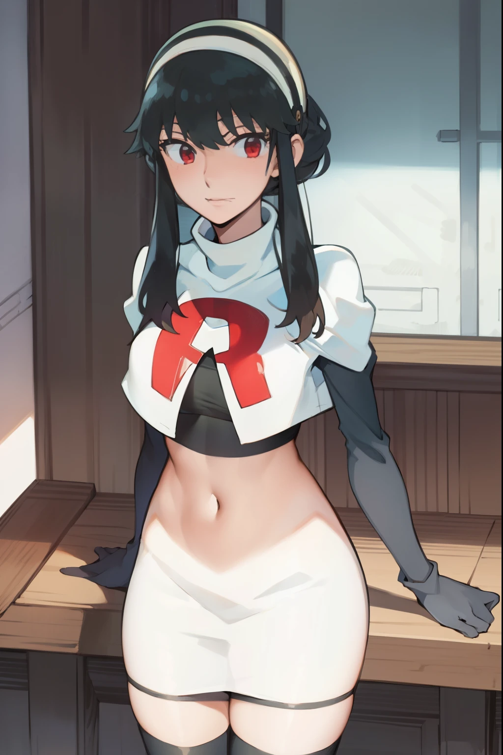 yor, 1girl, black hair, red eyes, black hair, short hair, short hair with long locks, bangs, sidelocks, white hairband,team rocket,team rocket uniform, red letter R, white skirt,white crop top,black thigh-highs,black elbow gloves