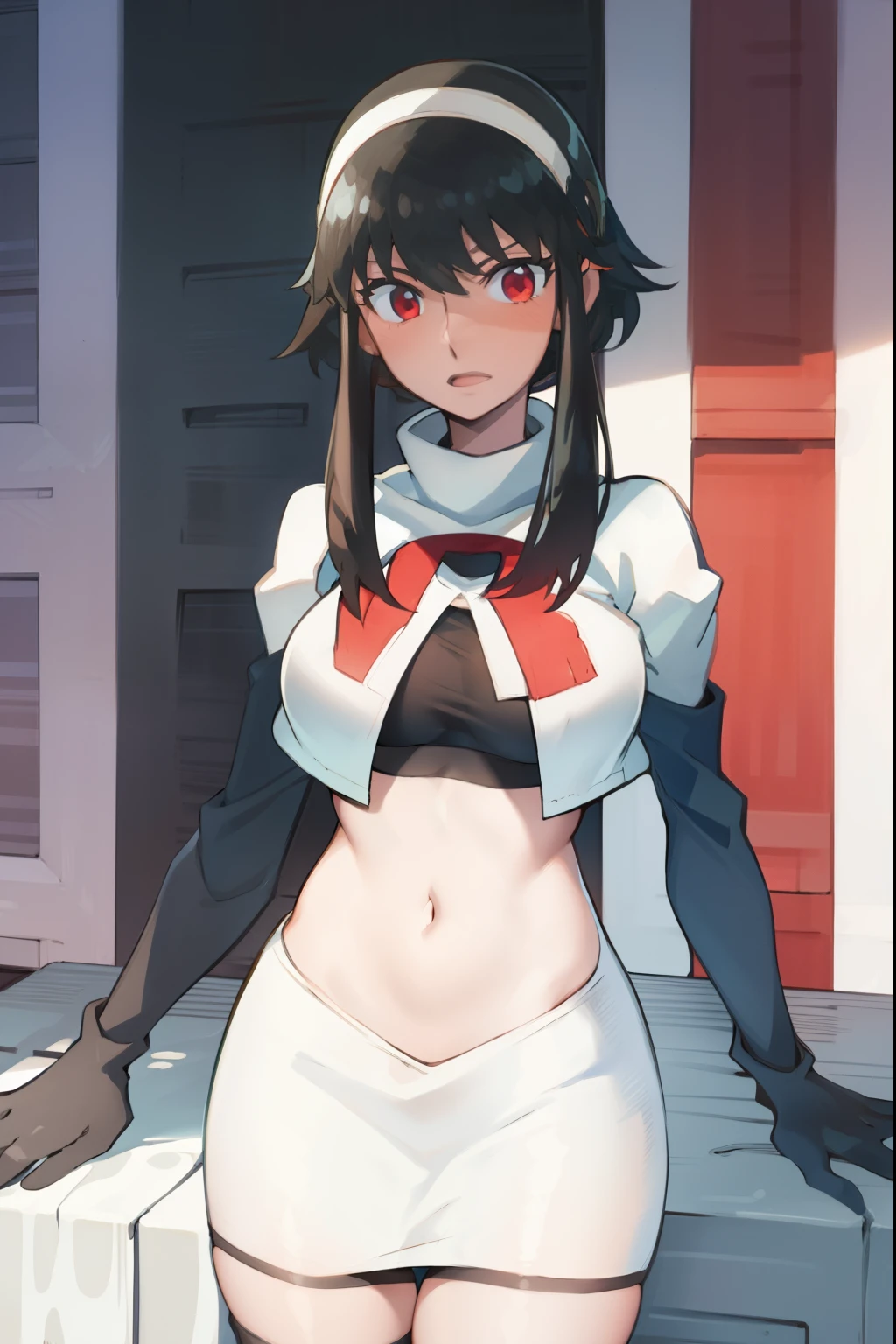 yor, 1girl, black hair, red eyes, black hair, short hair, short hair with long locks, bangs, sidelocks, white hairband,team rocket,team rocket uniform, red letter R, white skirt,white crop top,black thigh-highs,black elbow gloves