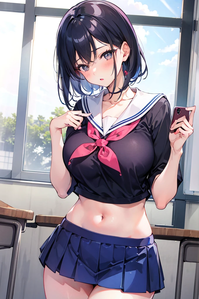 NSFW:1.3. Navy blue short-sleeved sailor suit:1.9. Dark blue uniform pleated skirt:1.9 Ponytail White Panties:1.3 Sex:1.9. Anime drawings with vivid colors: Tall women:1.9 Standing posture: Spread your legs wide:1.3 Sweat, breasts, buttocks, troubled face, glaring, wrinkled brows, flushed cheeks, night:1.3 Apartment bedroom, white sheets, short black hair, ponytail:1.9 Straight hair, bangs swept to the side:1.9. Slanted eyes, brown eyes, tall, big breasts, strong-willed, beautiful