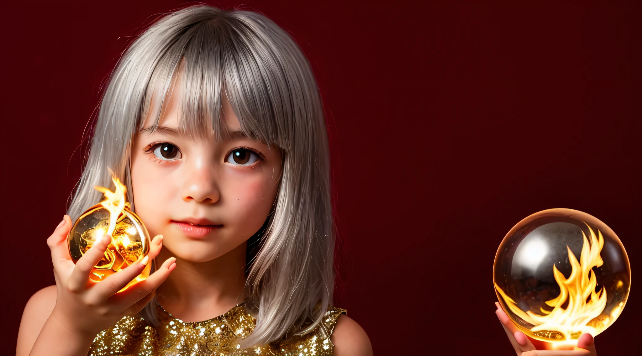 SILVER HAIR KIDS GOLDEN ANGEL GIRL with a flaming crystal ball in her hand. fundo vermelho