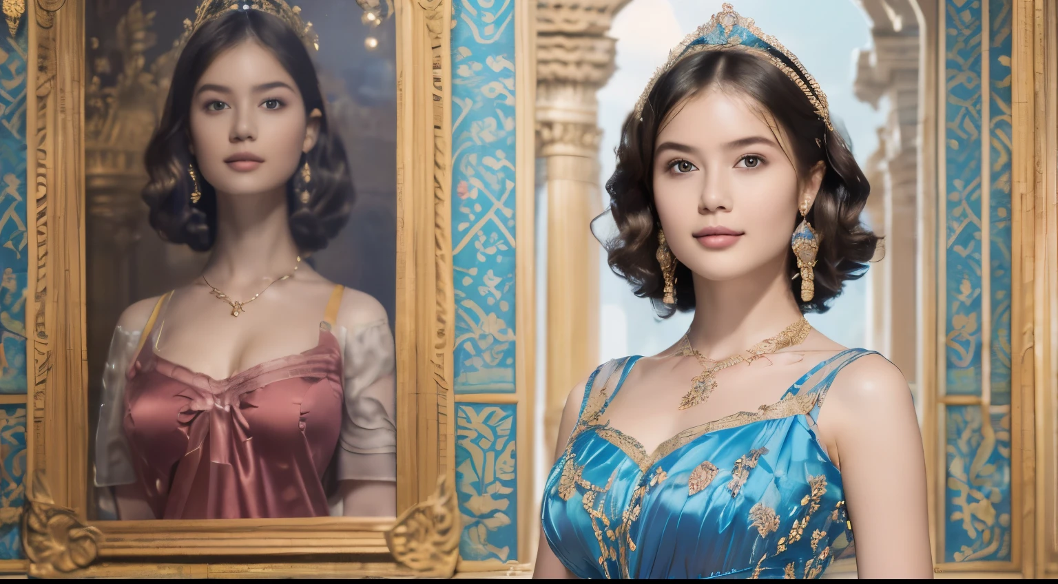 142
(a 20 yo woman,in the palace), (A hyper-realistic), (high-level image quality), ((beautiful hairstyle 46)), ((short-hair:1.46)), (kindly smile), (breasted:1.1), (lipsticks), (wearing a blue dress), (murky,wide,Luxurious room), (florals), (an oil painting、Rembrandt)