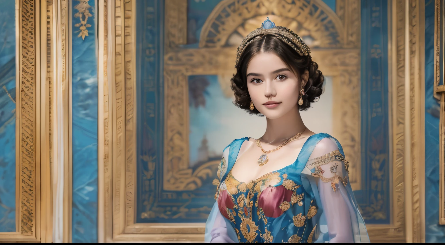 142
(a 20 yo woman,in the palace), (A hyper-realistic), (high-level image quality), ((beautiful hairstyle 46)), ((short-hair:1.46)), (kindly smile), (breasted:1.1), (lipsticks), (wearing a blue dress), (murky,wide,Luxurious room), (florals), (an oil painting、Rembrandt)