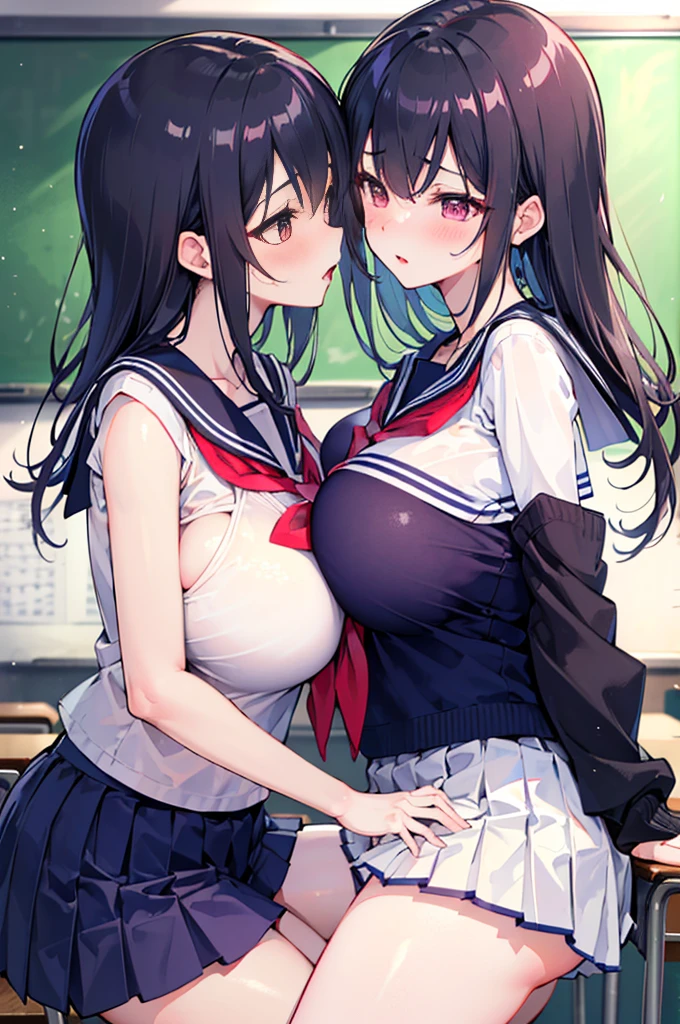 Two  girls，Angry look，equivalent height，in class room，black and blonde hair，Facing each other and staring，embracing each other，The two bodies are close to each other，kiss、Picture of two people、Holding hands and facing each other、Photograph of two people facing each other、Push each other、Stick your boobs and boobs together