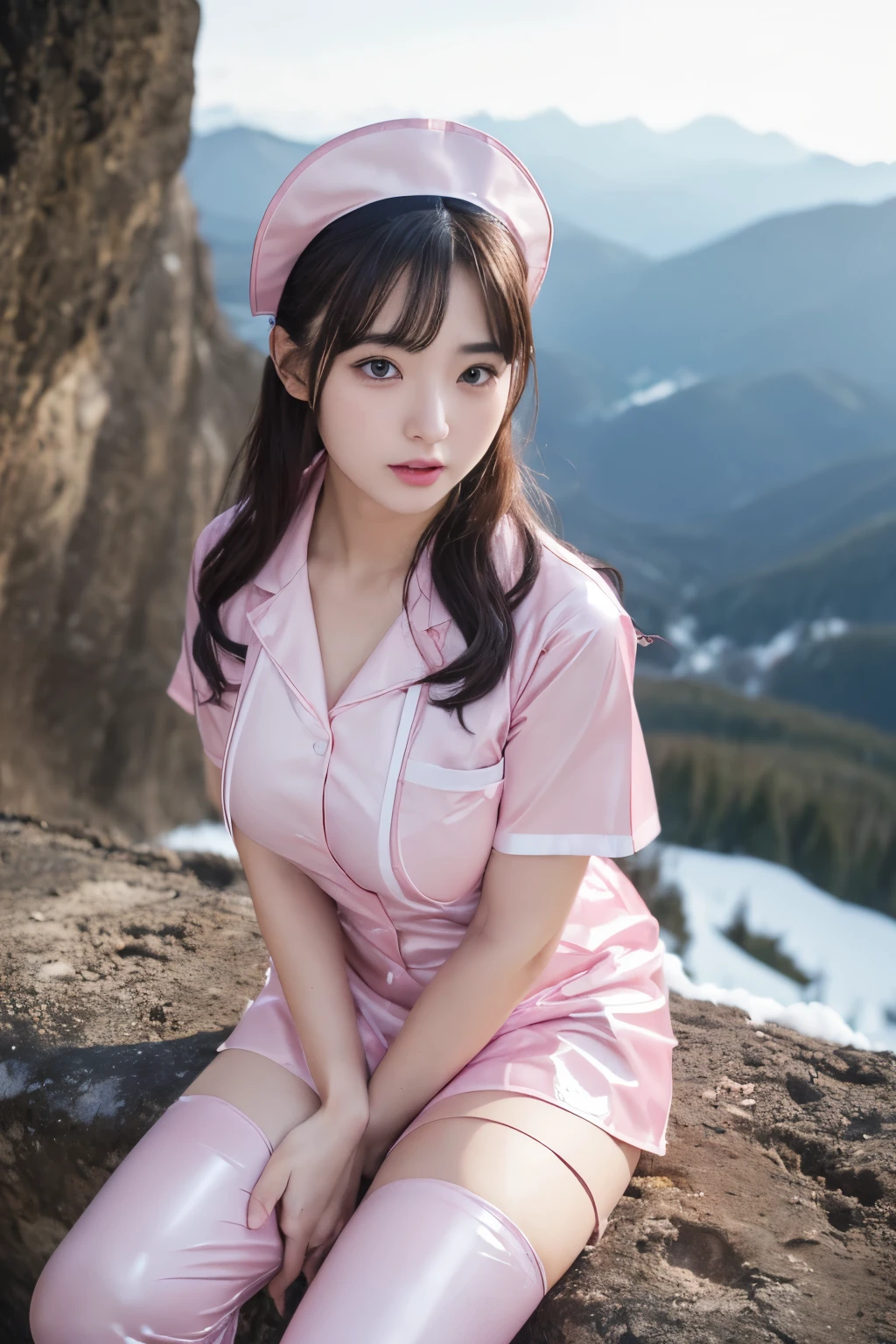 (1人の女性、japanes、22year old、Refreshing、unclear、Gentle、stylish、attractive narrow eyes、wretched、天使のようにcute little、cute little、cute、bbw、Black eyes、idol,女優,Sagging milk),(large drooping breasts).(very cute)、(A dark-haired),mesmerizing eyes、(in 8K、Raw photography、top-quality、masterpiece:1.2、optimal lighting)、masterpiece,(Photos taken by professional photographers),(realisitic、フォトrealisitic:1.37),break,( A nurse's uniform ),(A slightly naughty pink nurse uniform made of latex material.),outdoor,dynamic angle,mountain climbing,sitting on top of a mountain,The top of a high snowy mountain,A painful and sad look,shy