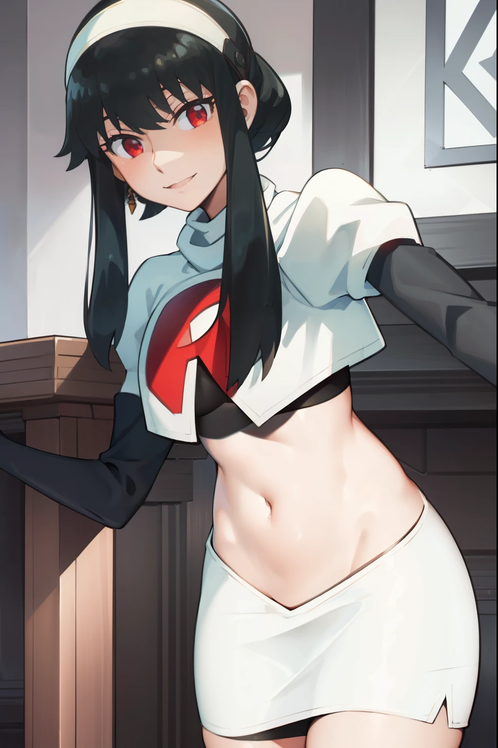 yor, 1girl, black hair, red eyes, black hair, short hair, short hair with long locks, bangs, sidelocks, white hairband,team rocket,team rocket uniform, red letter R, white skirt,white crop top,black thigh-highs,black elbow gloves, smile