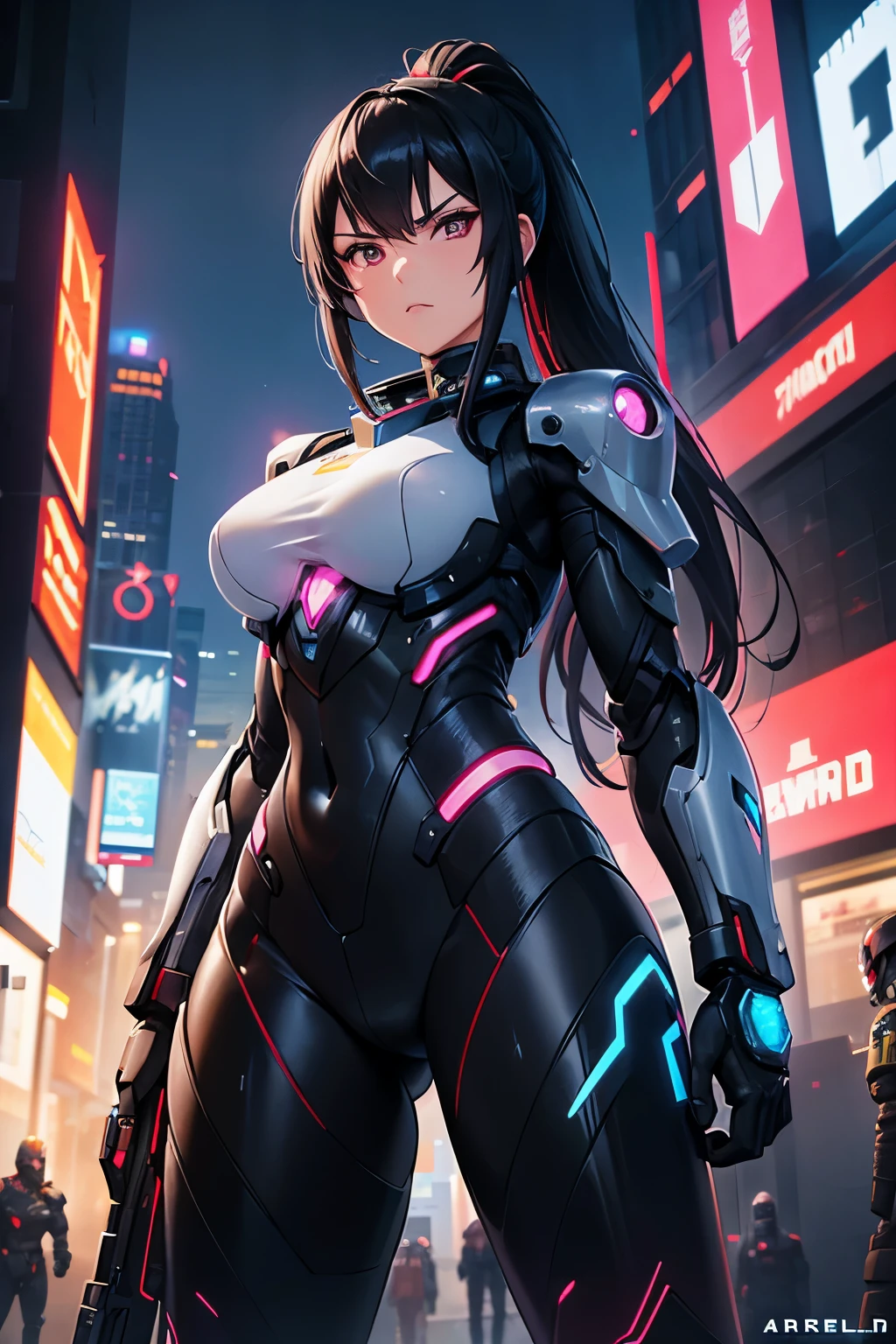 arafed woman in a futuristic suit holding a gun in a city, high quality digital concept art, girl in mecha cyber armor, style of raymond swanland, epic sci - fi character art, epic sci-fi character art, cyberpunk anime girl mech, female mecha, artgerm julie bell beeple, inspired by Marek Okon, black hair in ponytail, dark gray armor with red tints, serious expression, beautiful eyes, perfect eyes