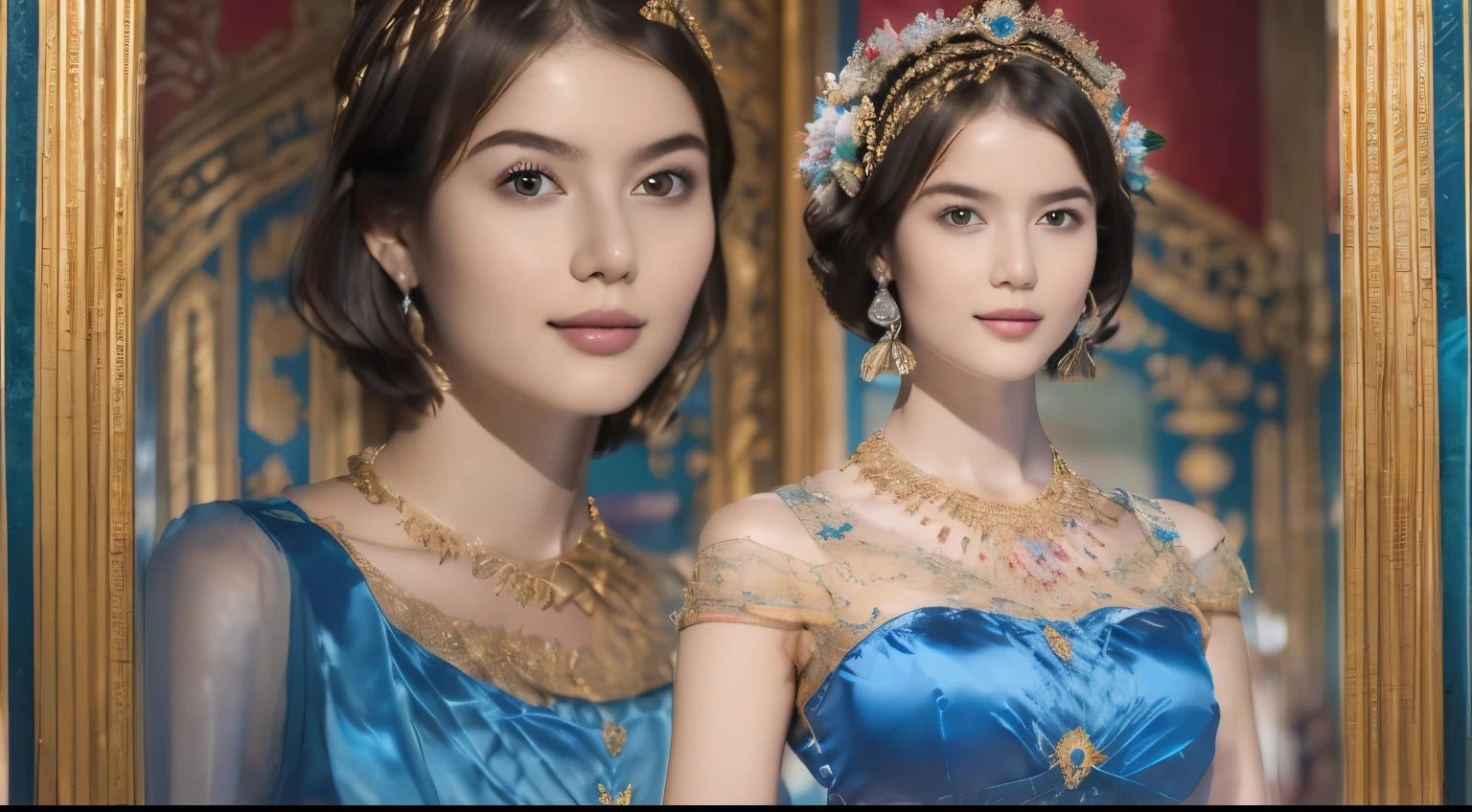 142
(a 20 yo woman,in the palace), (A hyper-realistic), (high-level image quality), ((beautiful hairstyle 46)), ((short-hair:1.46)), (kindly smile), (breasted:1.1), (lipsticks), (wearing a blue dress), (murky,wide,Luxurious room), (florals), (an oil painting、Rembrandt)