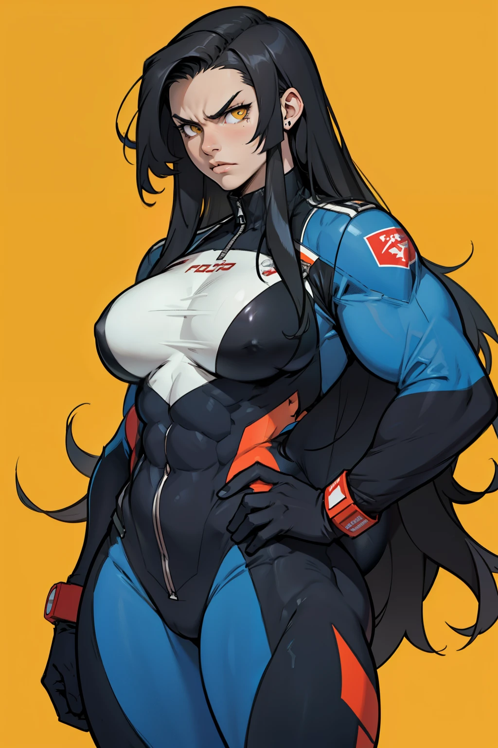 angry girl pale skin (((((muscular girl))))) (((thick))) (((breasts))) pilot suit bodysuit black hair yellow eyes very long hair very long hair very long hair