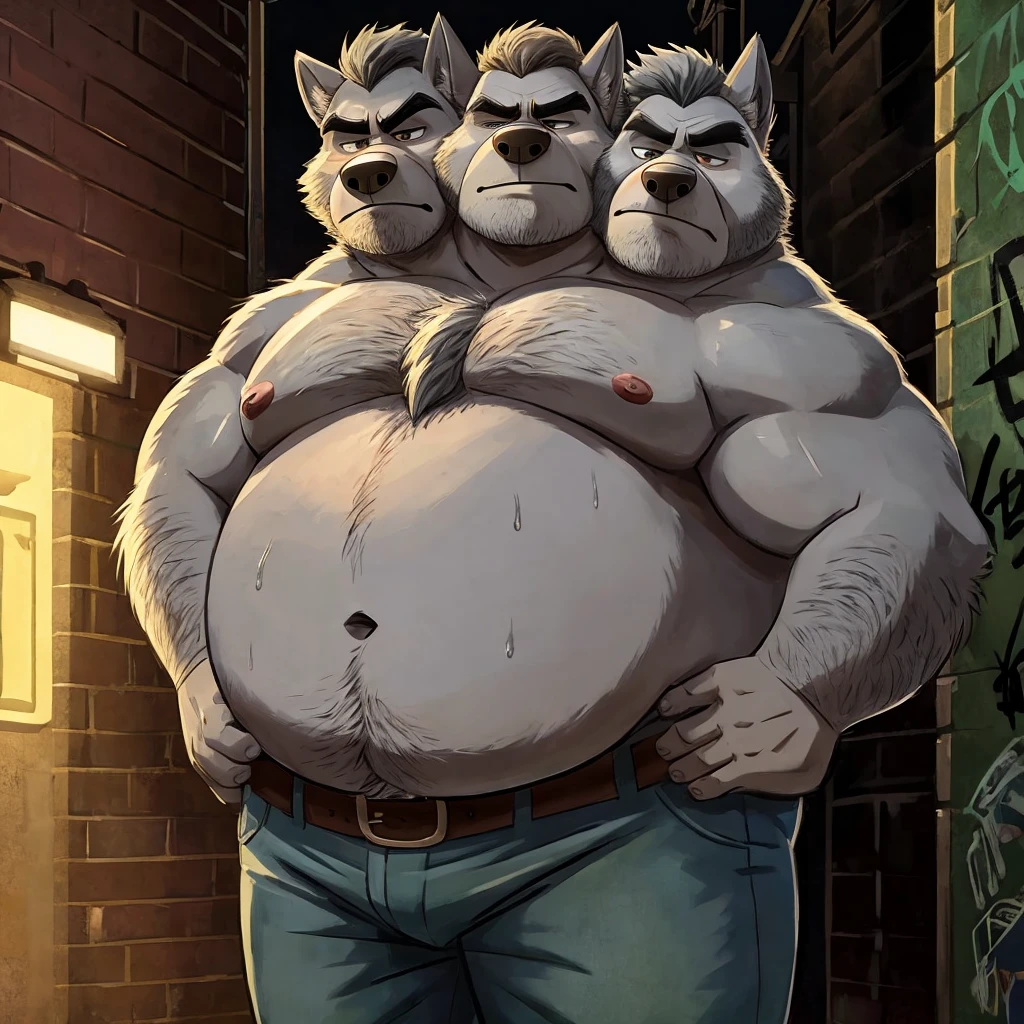 three heads one body, wolf, grumpy, frowning, tired, annoyed, obese, fat, older male, old, dark alley background, streetlight, graffiti, anatomically correct eyes, shirtless, jeans, belt, sweaty, gross, hands on hips, green theme, disgusting style, masculine style, Dreamworks style, Pixar style, Disney style, rugged style, dirty style, gray hair, eyes looking down, cheek to cheek, identical