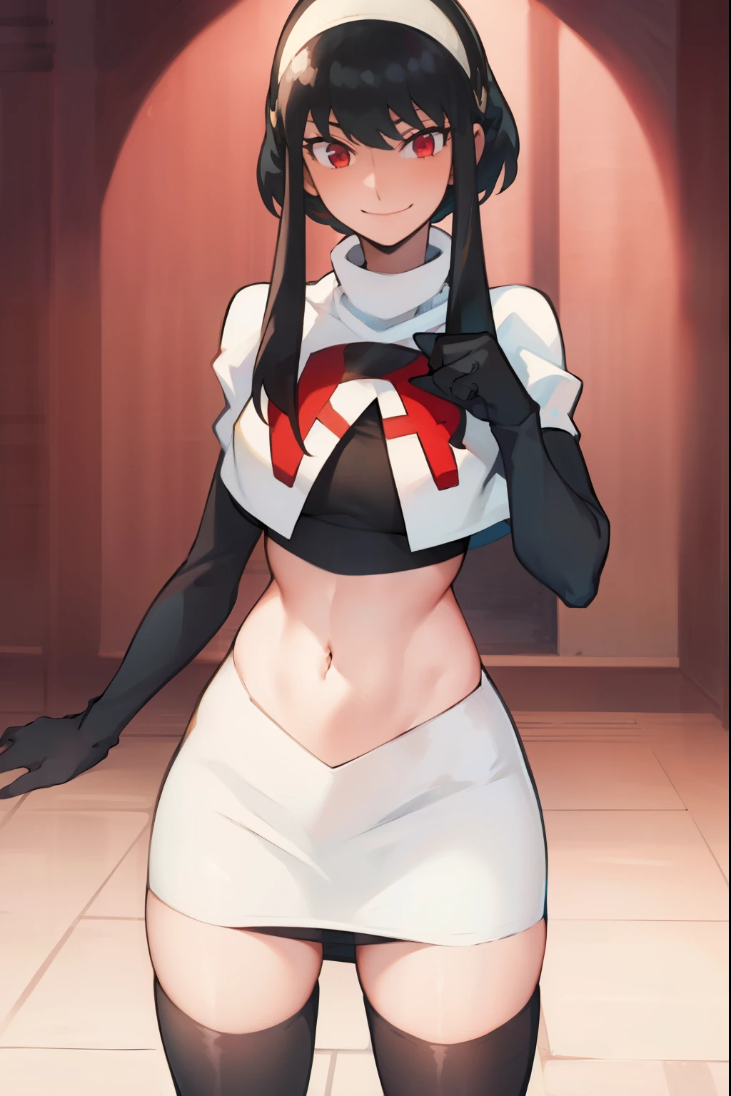 yor, 1girl, black hair, red eyes, black hair, short hair, short hair with long locks, bangs, sidelocks, white hairband,team rocket,team rocket uniform, red letter R, white skirt,white crop top,black thigh-highs,black elbow gloves, smile