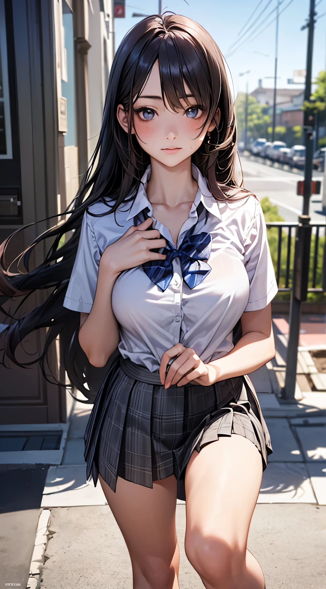 (masterpiece:1.2, top-quality), (realistic, photorealistic:1.4), beautiful illustration,
looking at viewer, full body, front view:0.6,
1 girl, japanese, high school girl, (long hair:1.5), blown hair, (half up, half updo), bangs, hair between eye, large breasts:0.8,
beautiful hair, beautiful face, beautiful detailed eyes, beautiful clavicle, beautiful body, beautiful chest, beautiful thigh, beautiful legs, beautiful fingers,
((collared short sleeve shirt, white shirt, school uniform, grey plaid pleated skirt, blue plaid bow tie)), white panties,
(standing, lift up skirt, grab the hem of the skirt, hands on chest, hand between legs),
blush,
(beautiful scenery), school,