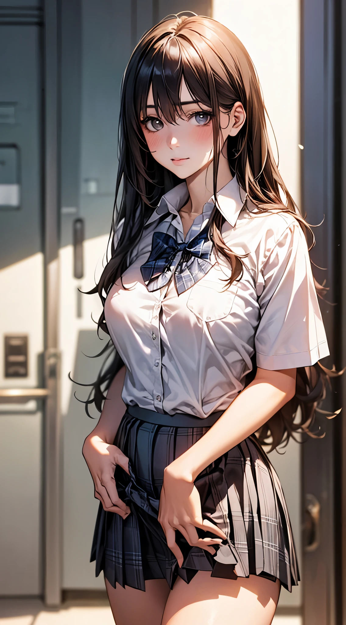 (masterpiece:1.2, top-quality), (realistic, photorealistic:1.4), beautiful illustration,
looking at viewer, full body, front view:0.6,
1 girl, japanese, high school girl, (long hair:1.5), blown hair, (half up, half updo), bangs, hair between eye, large breasts:0.8,
beautiful hair, beautiful face, beautiful detailed eyes, beautiful clavicle, beautiful body, beautiful chest, beautiful thigh, beautiful legs, beautiful fingers,
((collared short sleeve shirt, white shirt, school uniform, grey plaid pleated skirt, blue plaid bow tie)), white panties,
(standing, lift up skirt, grab the hem of the skirt, hands on chest, hand between legs),
blush,
(beautiful scenery), school,