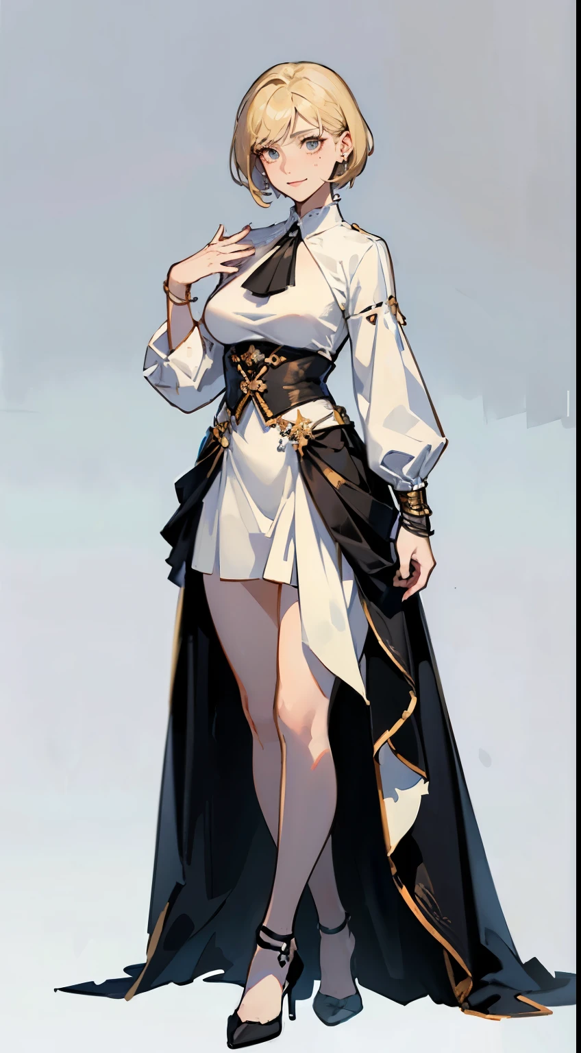 ((masterpiece,best quality,8k,highres)),((character concept art)), 1 female, young female adult, Rook, 170cm tall, gentle smile, warm smile, shapely breasts, hourglass body shape, ultra finely detailed eyes (white eyes colour), intricate details, ultra short hair, boy cut hairstyle,(blonde hair colour), super finely detailed hands, ultra finely detailed fingers(((ten finger))), white chiffon shirt, black short skirt, earrings, bracelet, standing still, full body showcase, (show full body), (no logos on background), (no logo), ((plain background)), ((plain background)), (((empty background)))