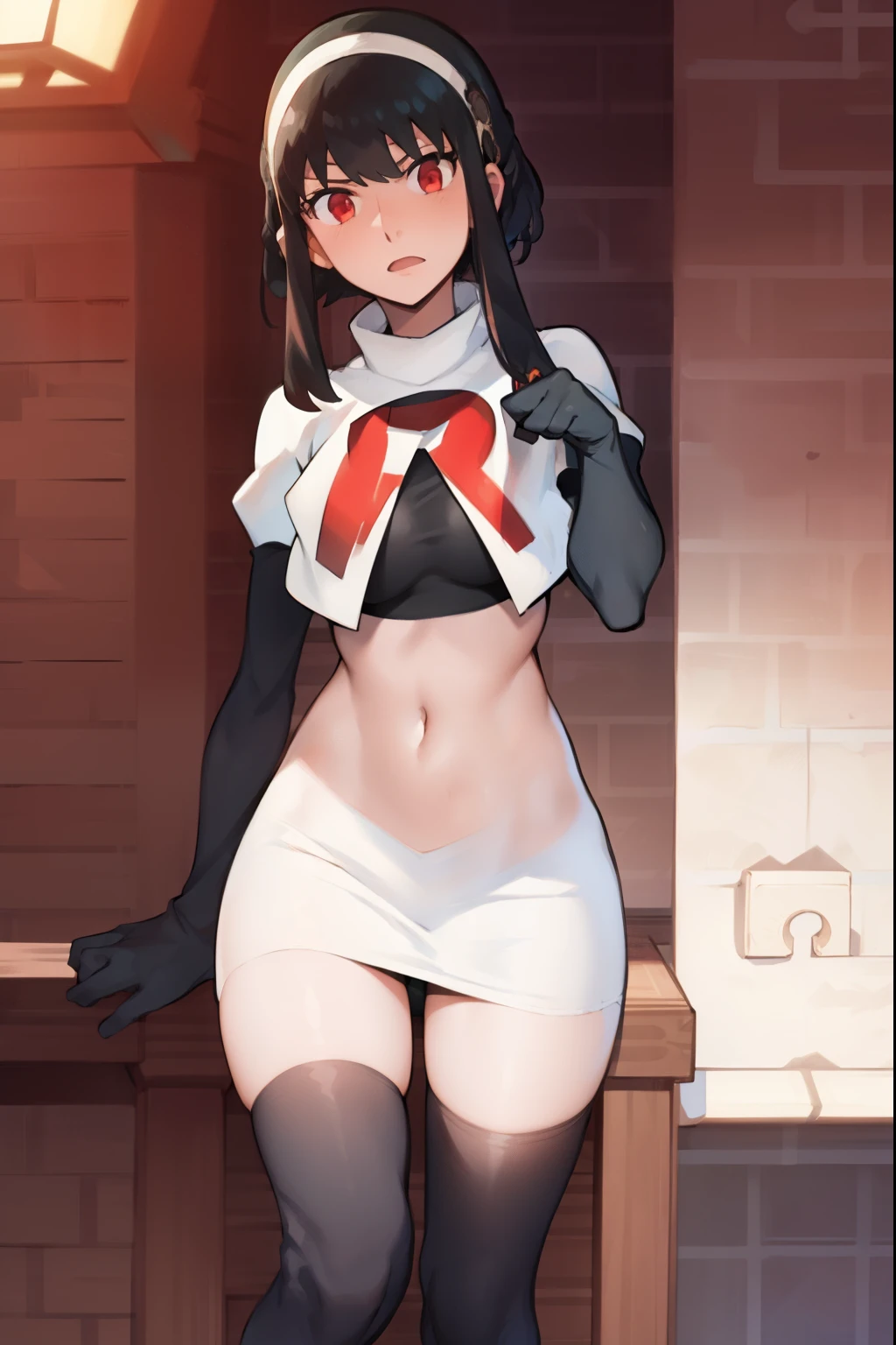 yor, 1girl, black hair, red eyes, black hair, short hair, short hair with long locks, bangs, sidelocks, white hairband,team rocket,team rocket uniform, red letter R, white skirt,white crop top,black thigh-highs,black elbow gloves, shy