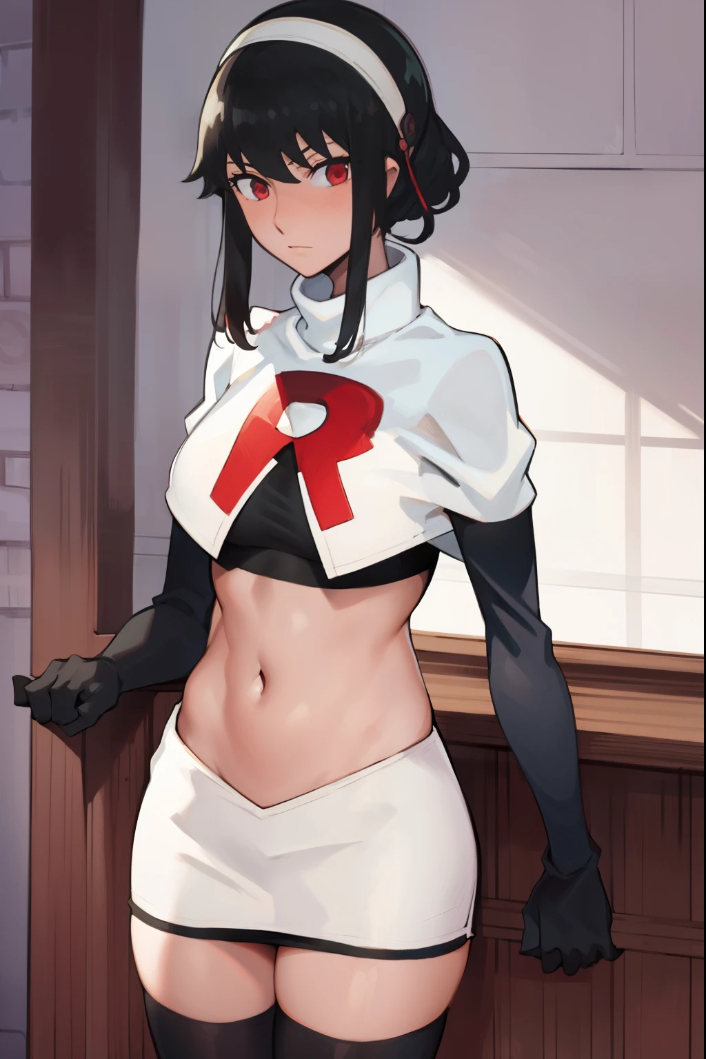 yor, 1girl, black hair, red eyes, black hair, short hair, short hair with long locks, bangs, sidelocks, white hairband,team rocket,team rocket uniform, red letter R, white skirt,white crop top,black thigh-highs,black elbow gloves, shy