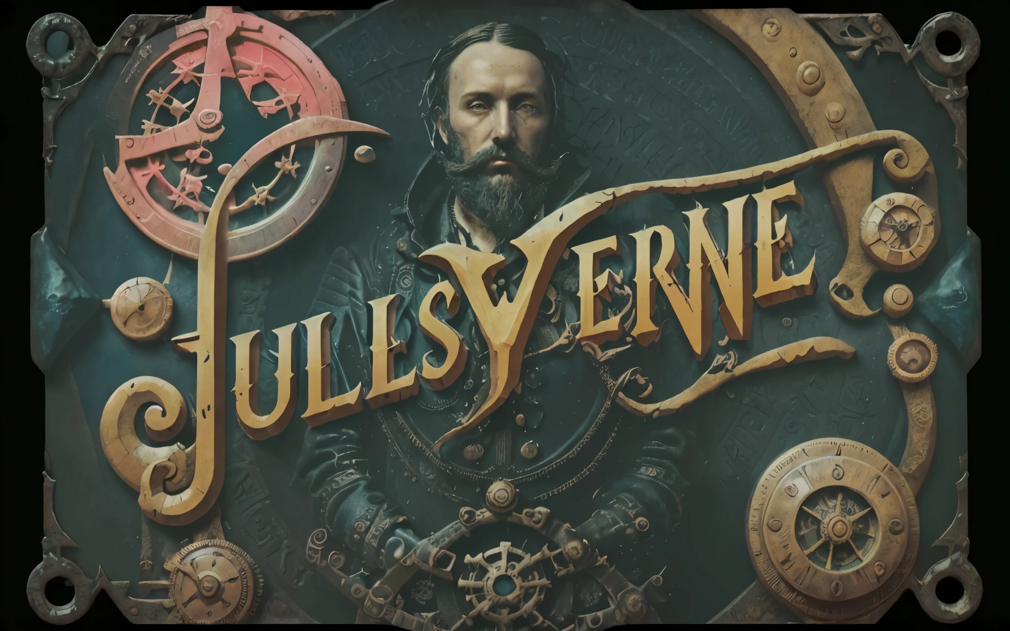 steampunk seapunk book cover titled 'Jules Verne', masthead headline word "Jules Verne", gothic font, gothik dark background. hd, 4k, grave inscription, water, wet, undersea creatures, photo, typography, male portrait