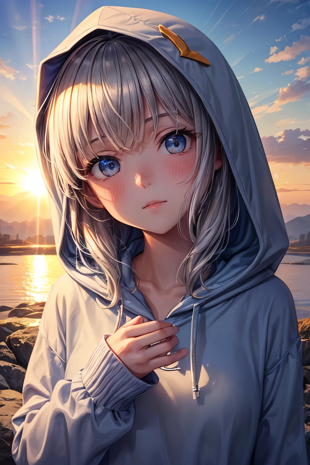((worst quality, low-quality)), (facefocus,:1.4), Facing left, ((girl with)), Solo, Gray-haired shorthair, (Blue hoodie:1.2), (Wearing a hood:1.3), Spoken Heart, ((perfect hand:1.5), Head tilt, (The theme is the fragility of life.:1.0), Soap bubble effect, Bubble effect, Detergent bottle, (sunrise light, rays of the morning sun:1.4), masutepiece, Best Quality, ultra-detailliert,masterpiece,