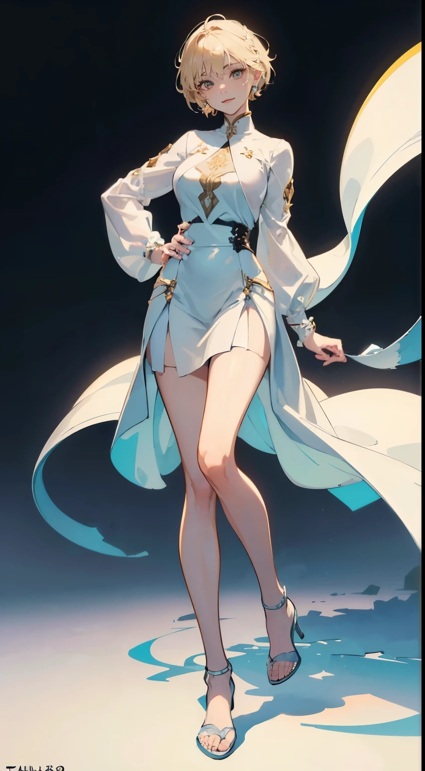 ((masterpiece,best quality,8k,highres)),((character concept art)), 1 female, young female , Rook, 170cm tall, gentle smile, warm smile, shapely breasts, hourglass body shape, ultra finely detailed eyes (white eyes colour), intricate details, tomboy short hair, (pixie cut hairstyle),(blonde hair colour), pointed ears, super finely detailed hands, ultra finely detailed fingers(((ten finger))), white chiffon shirt, black short skirt, earrings, bracelet, standing still, full body showcase, (show full body), (no logos on background), (no logo), ((plain background)), ((plain background)), (((empty background)))