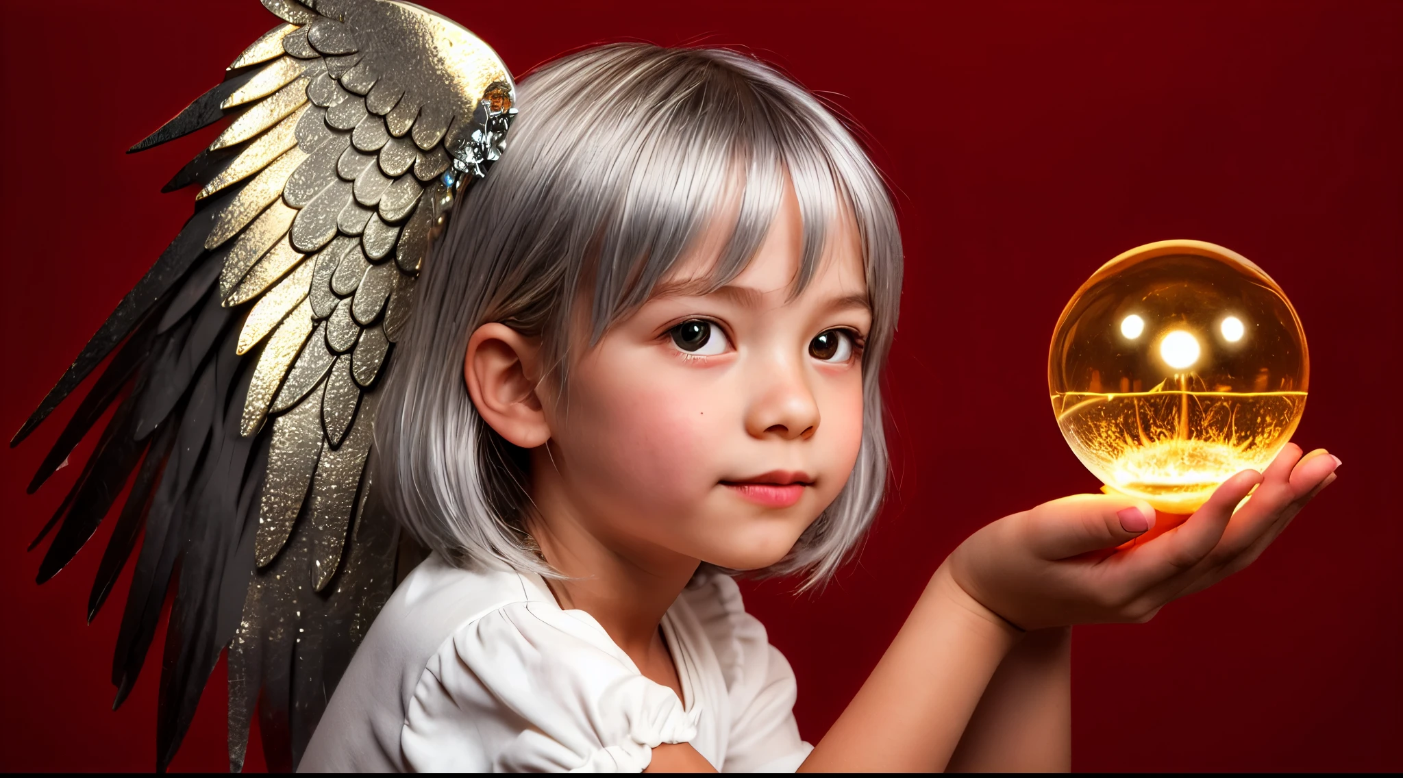 SILVER HAIR KIDS GOLDEN ANGEL GIRL with a flaming crystal ball in her hand. Red background