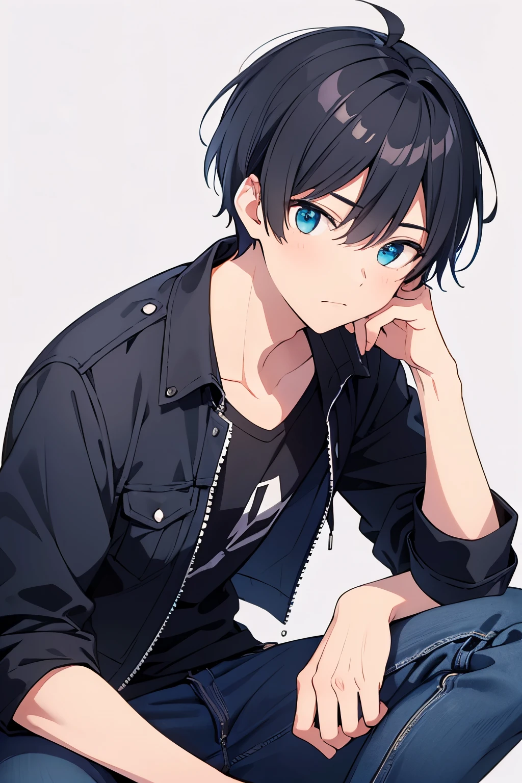 black hair cyan hair wearing black jacket and blue jeans in school man guy male with manly face