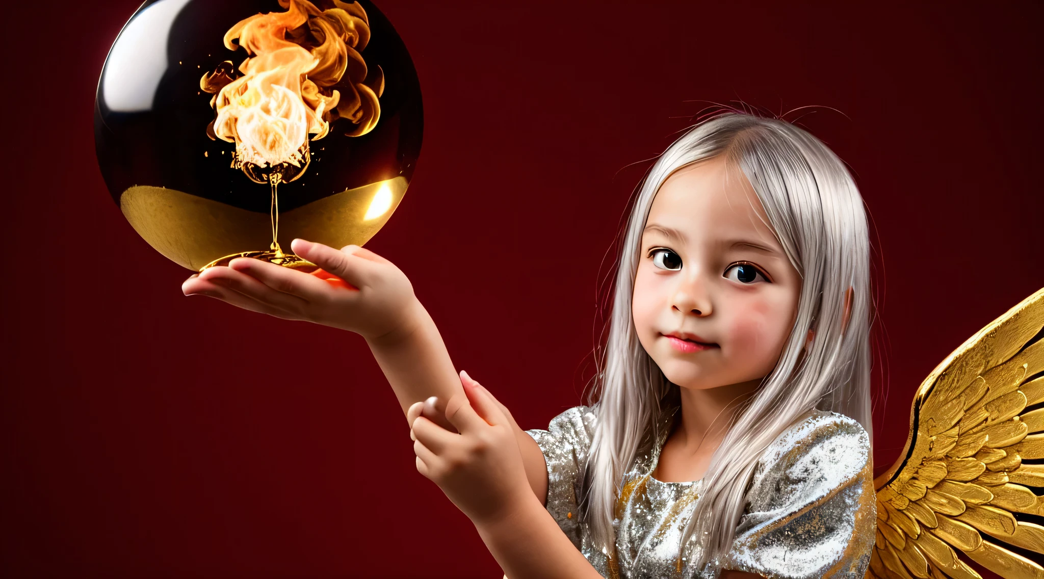 SILVER HAIR KIDS GOLDEN ANGEL GIRL with a flaming crystal ball in her hand. fundo vermelho