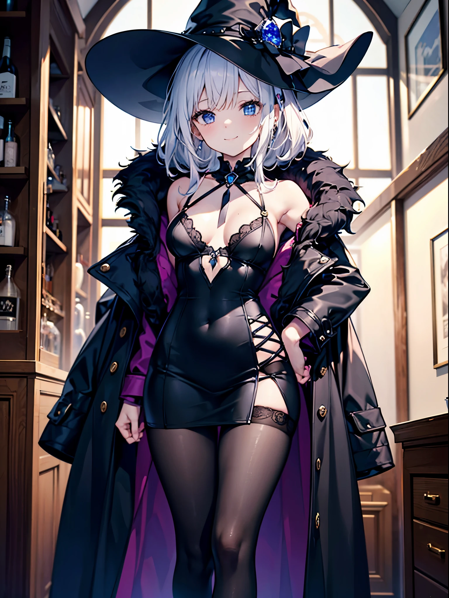 This is a bar in another world that looks like something you'd see in a Japanese anime or game.、Woman wearing a large black witch hat with sapphire accessories、wearing a long black coat、she wears sexy lingerie inside、she is wearing a checked skirt、Leggings that cover half of your thighs、bare-legged、Short, pure white, long, fluffy hair、small tits、Outstanding smile、32-year-old woman