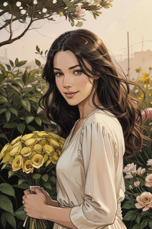 Kivanc Tatlitug, beautiful detailed facial features,dark hair,brown eyes,long eyelashes,sharp jawline,attractive appearance,confident smile,situated in a garden,holding a colorful bouquet of flowers,engaged in conversation with another person,vibrant colors,soft pastel tones,warm sunlight casting a gentle glow,elegant dress,relaxed posture [illustration],ultra-detailed,high resolution,realistic artwork,studio lighting,professional masterpiece,masterful brushwork,painterly style,emotionally captivating,stillness and tranquility,happy and serene atmosphere