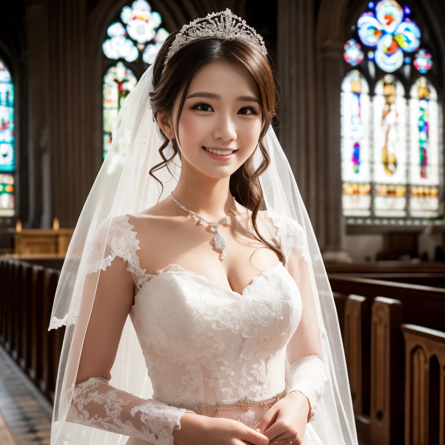 (masutepiece、top-quality、8K、Highly Detailed and Complex Detail、The most complex and detailed textures、Super High Detail)、one very young bride、The most luxurious wedding dress、wedding lace、The finest giant tiara、Top quality giant necklace、the most luxurious and luxurious decoration、Upper body photo、The most luxurious church wedding、majestic and beautiful church、intricate and luxurious stained glass、Upper body photo、the biggest smile when you look at me、the most extravagant wedding