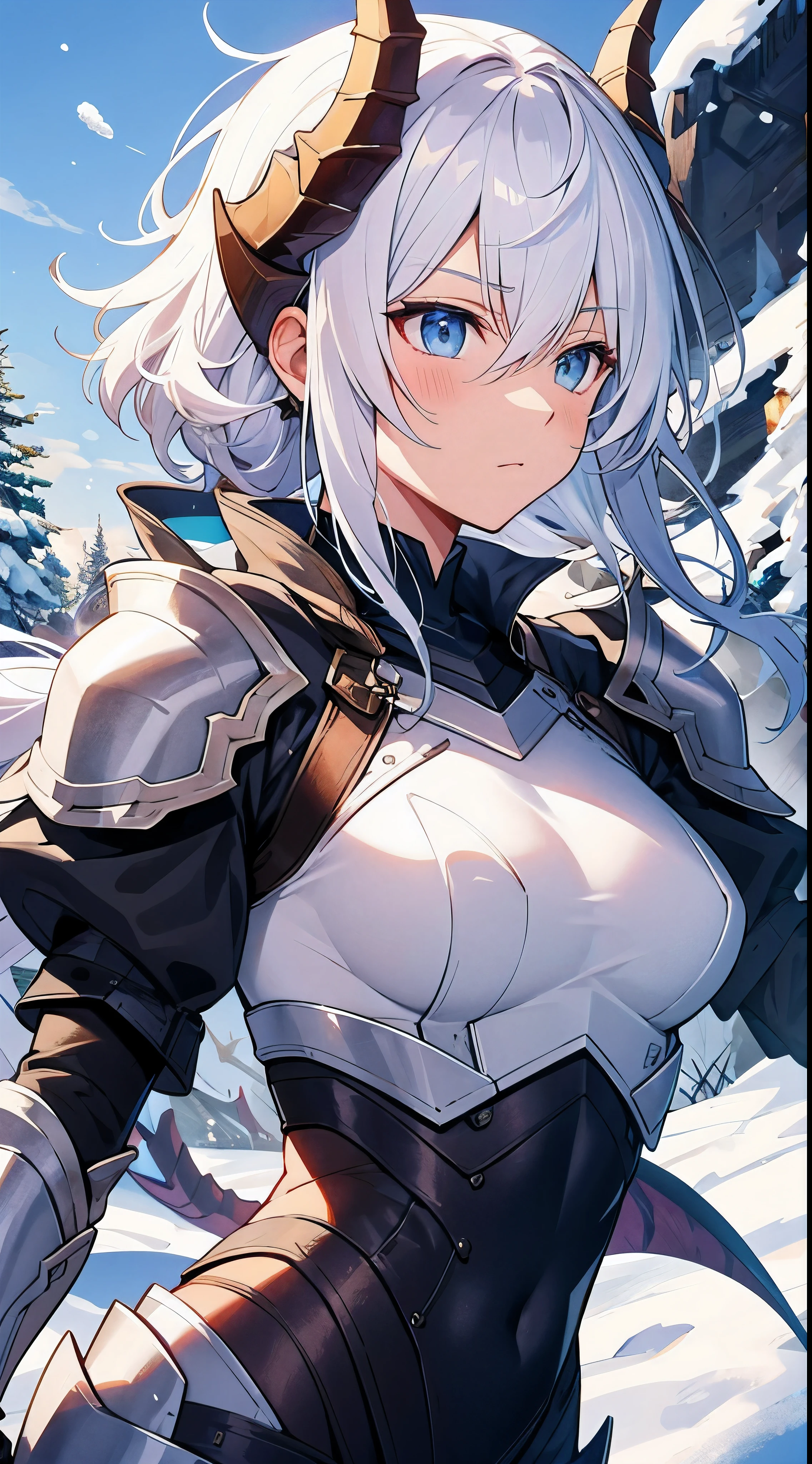 [[[ ultra-detailed, best quality, soft skin, beautiful, 4K]]] white hair, blue eyes, tied-up hair, fit body, dynamic angle, engraved armor encampment, black dragon horns, calm expression, female, snowy village background