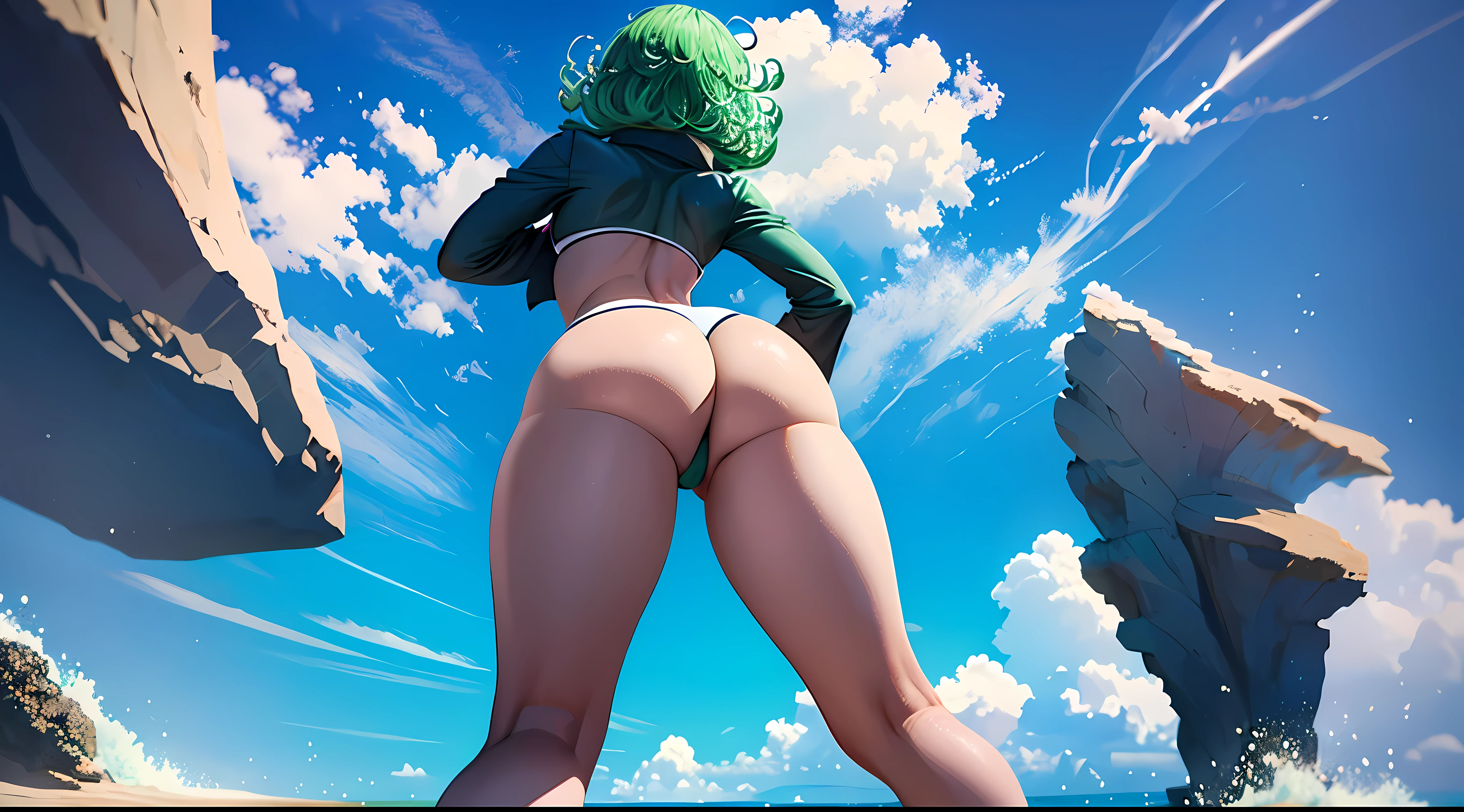 (obra maestra, Vibrante escena de playa:1.2), (Tatsumaki:1.5) , (Enjoying a sunny day:1.1), (con un bikini blanco de tanga:1.4), (Well-endowed bust and curvilinear melt:1.4) , (cuerpo proporcional a pesar de su baja estatura:1.1), (Photograph taken from behind to highlight your buttocks:1.5) , (Slowly turning to look at the camera:1.2), (playful expression:1.1), (capturando su belleza y confianza:1.1), (Ambiente junto al mar:1.1), (Refreshing ocean waves:1.1) hiperdetallado, detalles locos, bellamente graduado de color, motor irreal, DOF, Super-Resolution,Megapixel, Cinematic Lightning, Antialiasing, FKAA, TXAA, RTX,SSAO,Procesamiento posterior, Post Production, Mapeo de tonos, ..cgi, VFX, SFX, insanely detailed and intricate , Hiper maximalista, hiperrealista, volumetic, fotorrealista, Ultra Fotorrealista, ultra detallado, Detalles intrincados,8k, Super detailed , a todo color, volumetric illumination, HDR, realista, motor irreal, 16k, foco nítido. Renderizado de octanaje