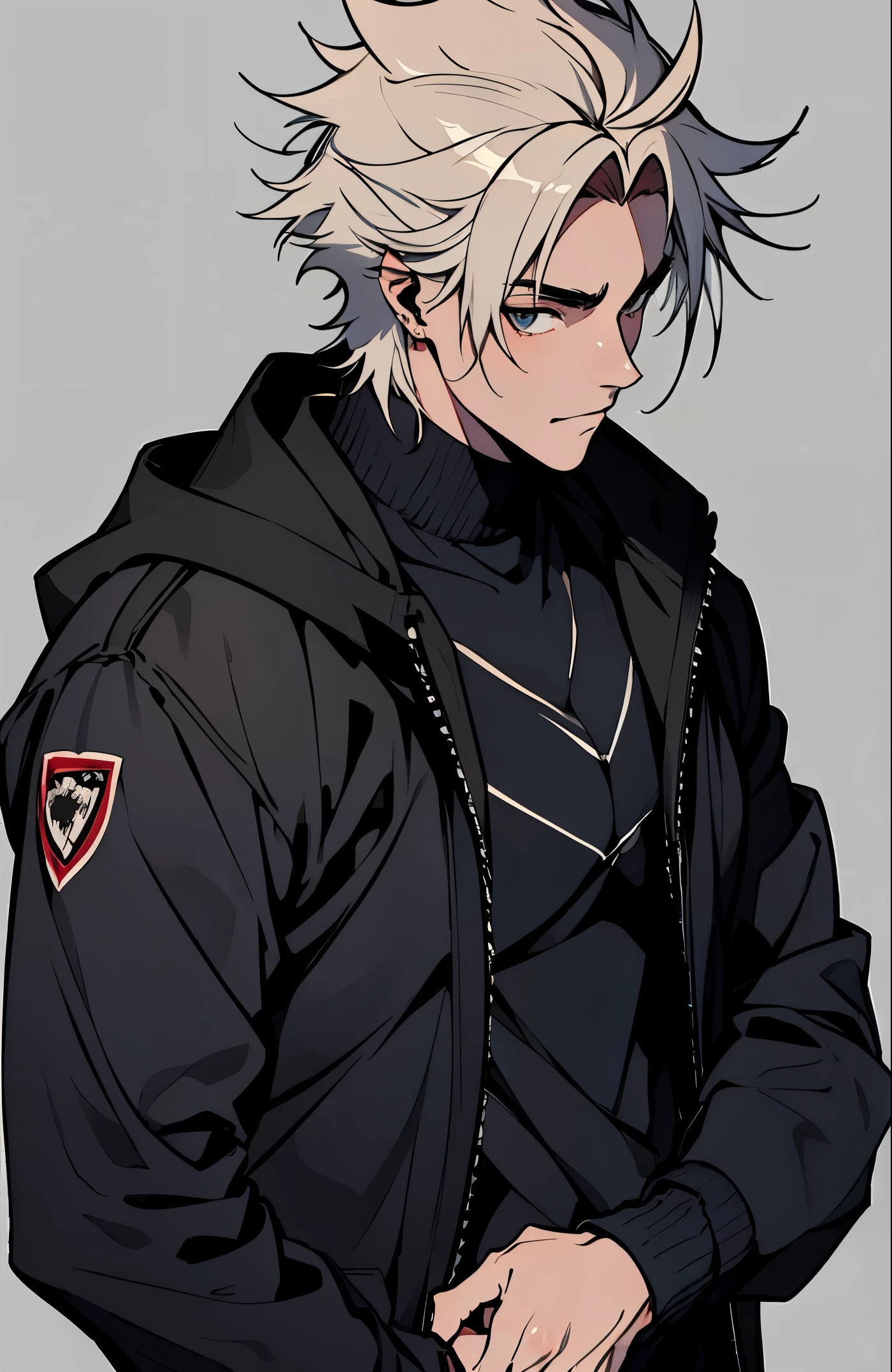 A mais alta qualidade, 8K, image high resolution, estilo anime Jujutsu Kaisen , Detailed strokes, fundo desfocado, natural lightting, (angulo de perto), 1 homem, jovem, masculo, modelo, multicolored background with various geometric shapes , stikers em volta, musculoso, cabelo vermelho, wearing a cold jacket , pants marking the crotch, olhos marcantes, with the shirt, swollen chest