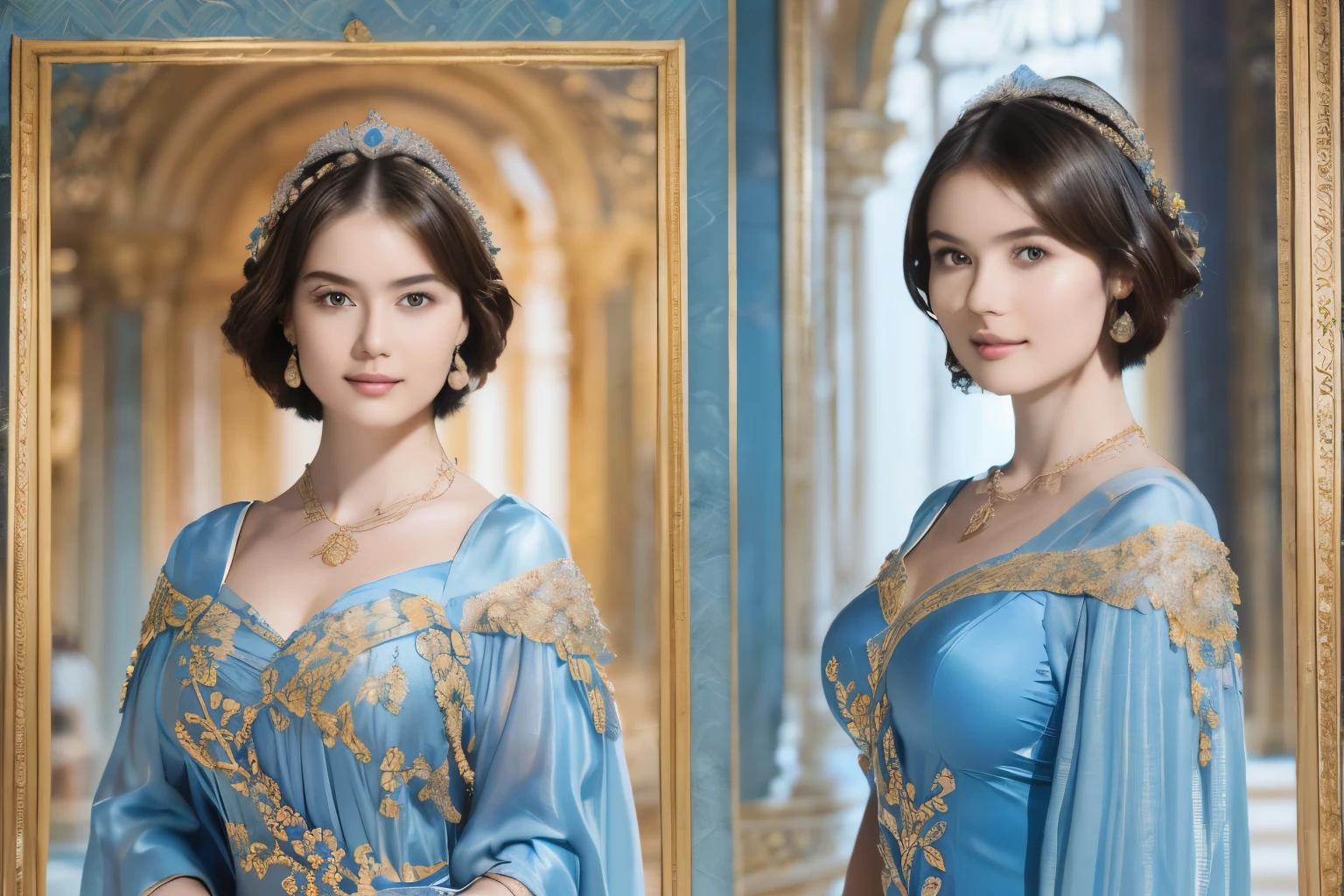 142
(a 20 yo woman,in the palace), (A hyper-realistic), (high-level image quality), ((beautiful hairstyle 46)), ((short-hair:1.46)), (kindly smile), (breasted:1.1), (lipsticks), (wearing a blue dress), (murky,wide,Luxurious room), (florals), (an oil painting、Rembrandt)