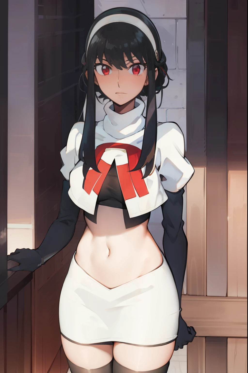 (extremely detailed CG unity 8k wallpaper),(masterpiece),(best quality),(ultra-detailed),(best illustration),(best shadow),(absurdres),1girl,solo,Chihara ,black hair, red eyes, breasts, earrings, navel, jewelry, long hair, team rocket,team rocket uniform,white skirt,red letter R,crop top,black thigh-highs,black elbow gloves
