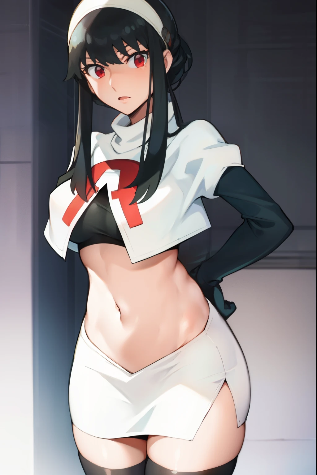 yor, 1girl, black hair, red eyes, black hair, short hair, short hair with long locks, bangs, sidelocks, white hairband,team rocket,team rocket uniform, red letter R, white skirt,white crop top,black thigh-highs,black elbow gloves,