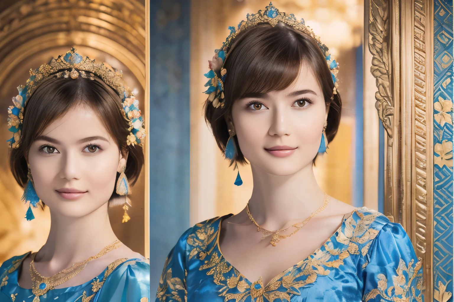 142
(a 20 yo woman,in the palace), (A hyper-realistic), (high-level image quality), ((beautiful hairstyle 46)), ((short-hair:1.46)), (kindly smile), (breasted:1.1), (lipsticks), (wearing a blue dress), (murky,wide,Luxurious room), (florals), (an oil painting、Rembrandt)