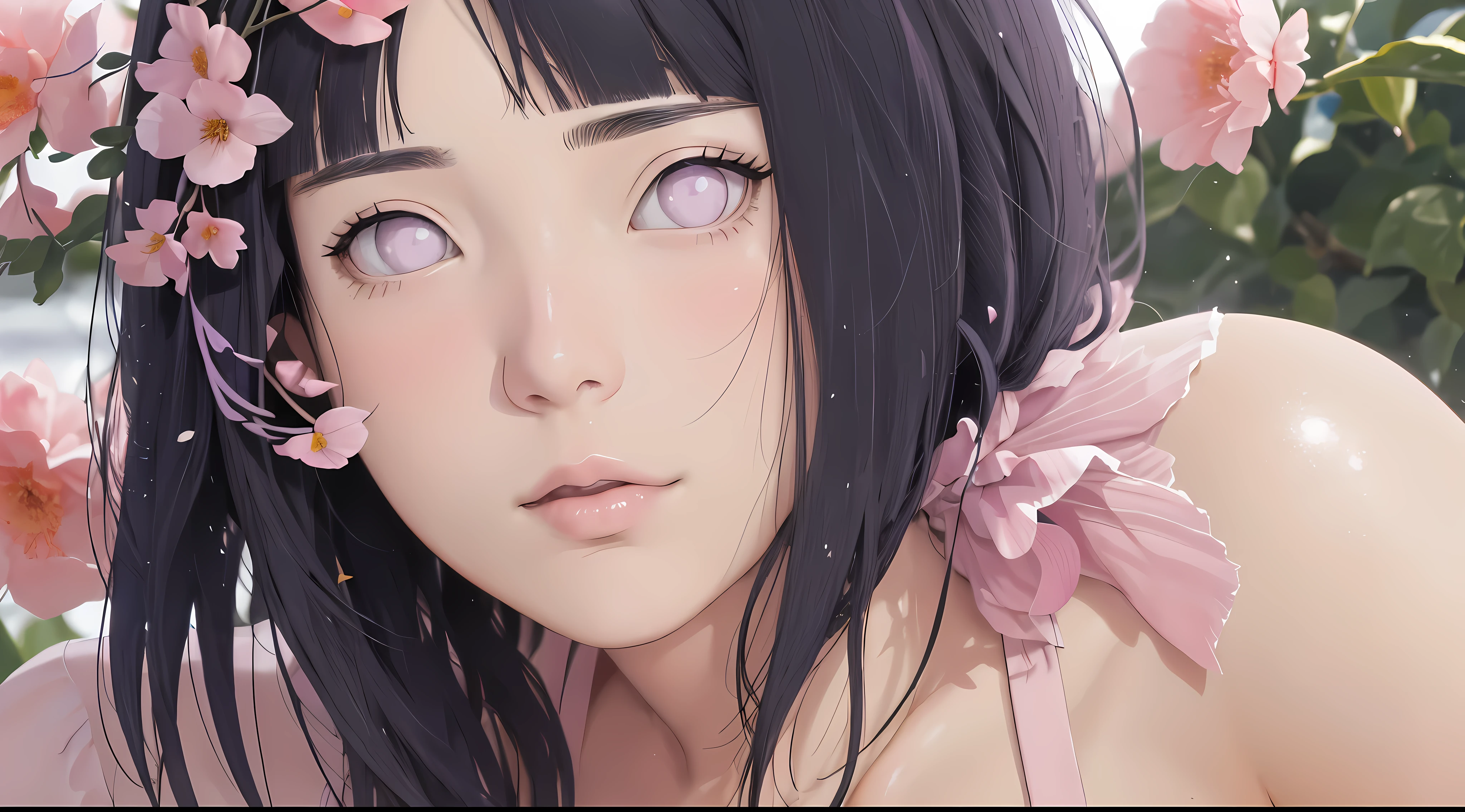 masterpiece, absurdres, hinata\(boruto\), 1girl, solo,mature female, apron nude, looking at viewelling petals), perfect composition, detailed lips, big breast, beautiful face, body propotion, blush, (pink lips), long hair, purple eyes, soft gaze, super realistic, detailed, photoshoot, realistic face and body,