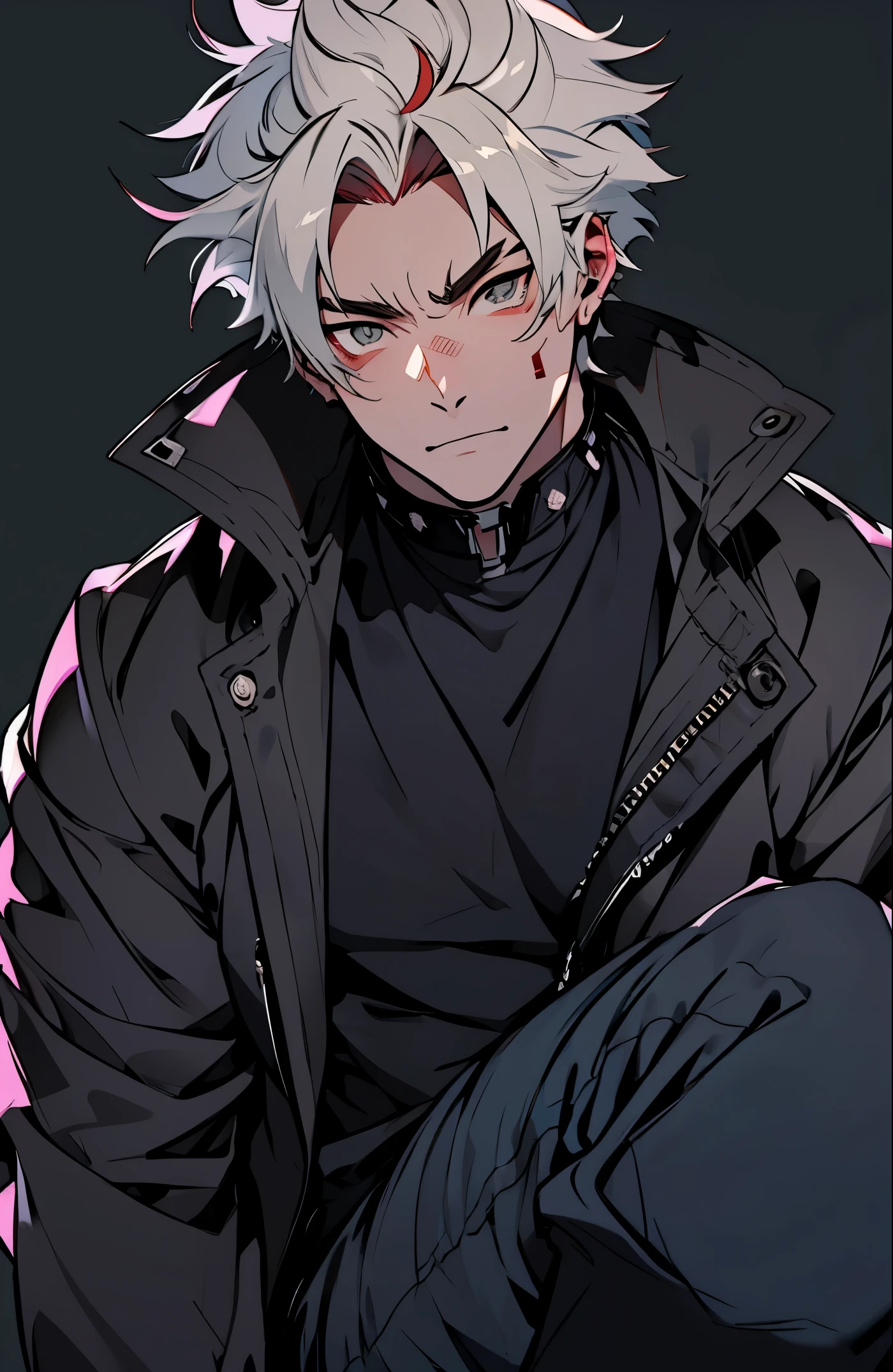 A mais alta qualidade, 8K, image high resolution, estilo anime Jujutsu Kaisen , Detailed strokes, fundo desfocado, natural  lightting, (angulo de perto), 1 homem, jovem, masculo, modelo, multicolored background with various geometric shapes , stikers em volta, musculoso, cabelo vermelho, wearing a cold jacket  , pants marking the crotch, olhos marcantes, with the shirt, swollen chest