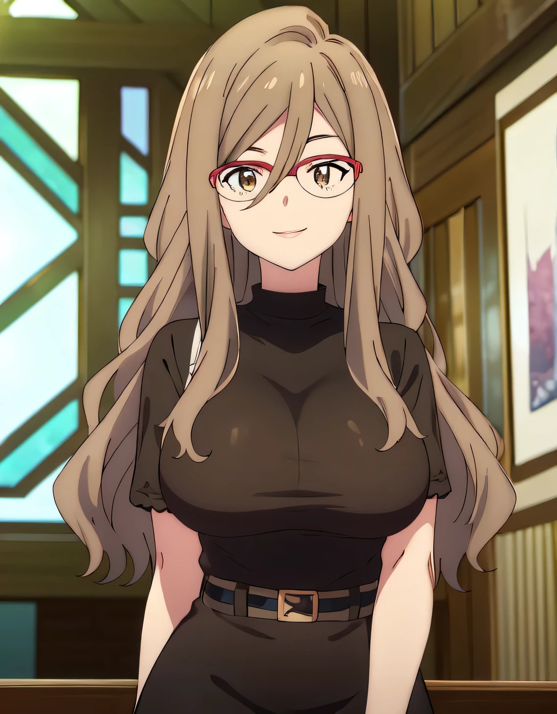 Nakahara Rishi,absurderes,Perfect Anatomy,Nakahara Mitsuki,Long hair,Red-framed eyewear,Black shirt,Tight skirt,Smile,office room,(Large breasts:1.5),Looking at Viewer,(((masutepiece))),((Best Quality)),Perfect Anatomy,8K UHD,extra detailed face,gloss and shiny,((1girl in)),((Solo)),(Beautiful detailed eyes:1.5),image perfect,(Upper body:1.1),(Look at the front:1.1),arms behind back,Slim waist,Shiny hair,Standing