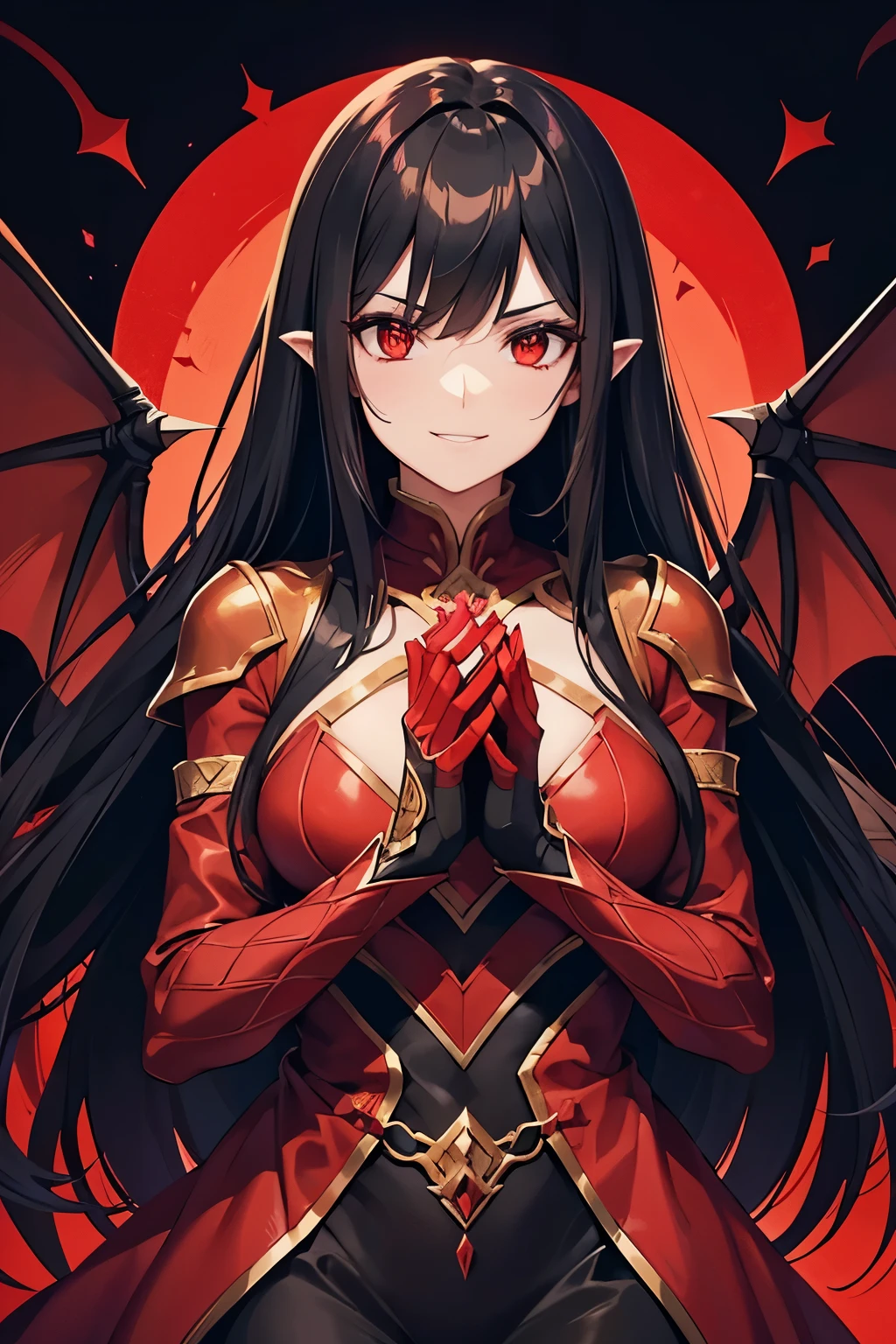 beautiful woman with draconic features, dragon scales as clothes, floating in the air, dragon wings spread out, evil smile, predominantly black and a bit of red theme, red arcane magic gathering around her hands, long black hair with red stripes in it, dark background, hands spread out, looking straight at the screen, centered,